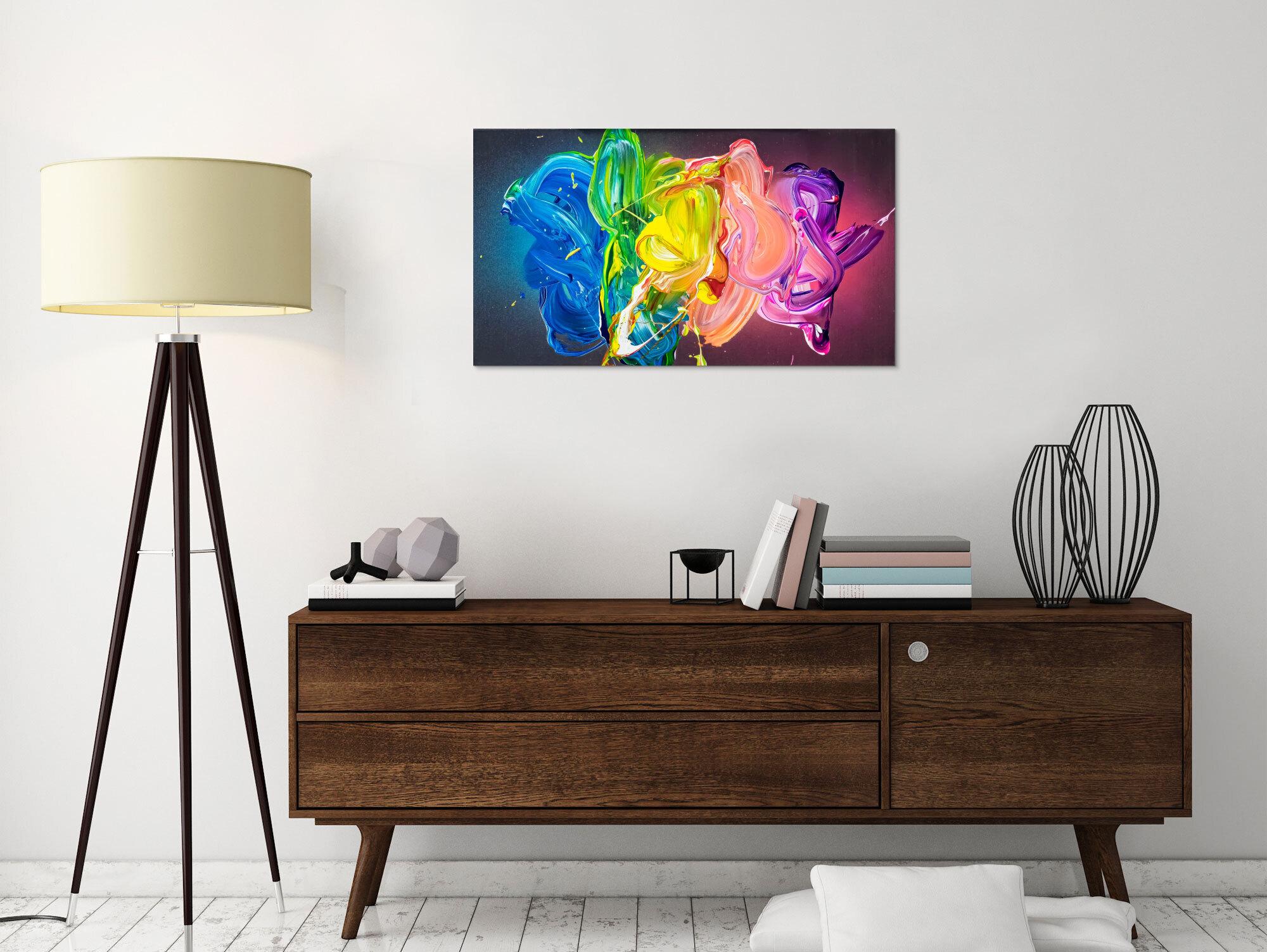 Abstraktes Original Gemälde 45x80cm Action Painting zeitgenössisch handgemalt Fluid Painting bunt blau gelb hochwertig