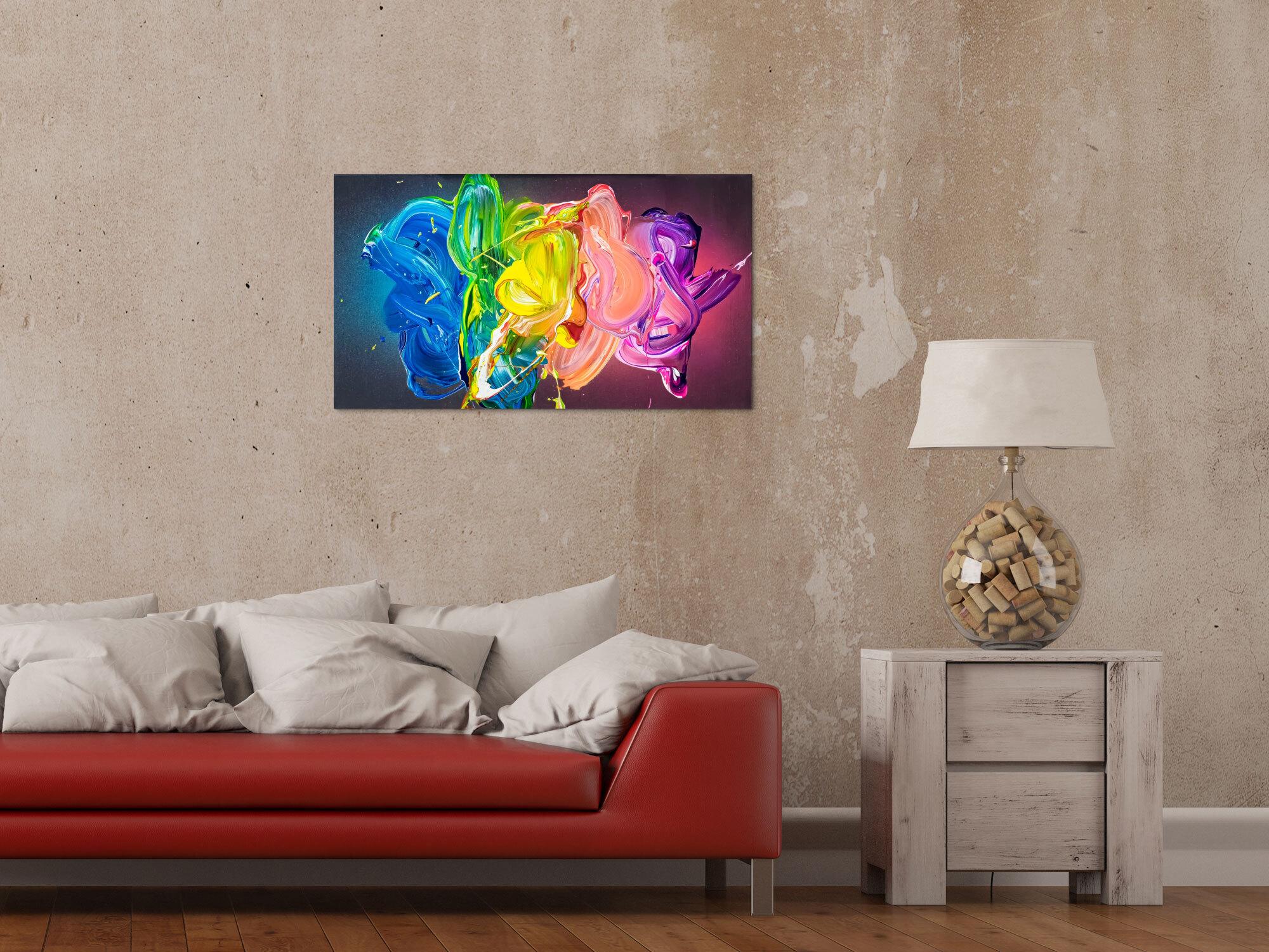 Abstraktes Original Gemälde 45x80cm Action Painting zeitgenössisch handgemalt Fluid Painting bunt blau gelb hochwertig