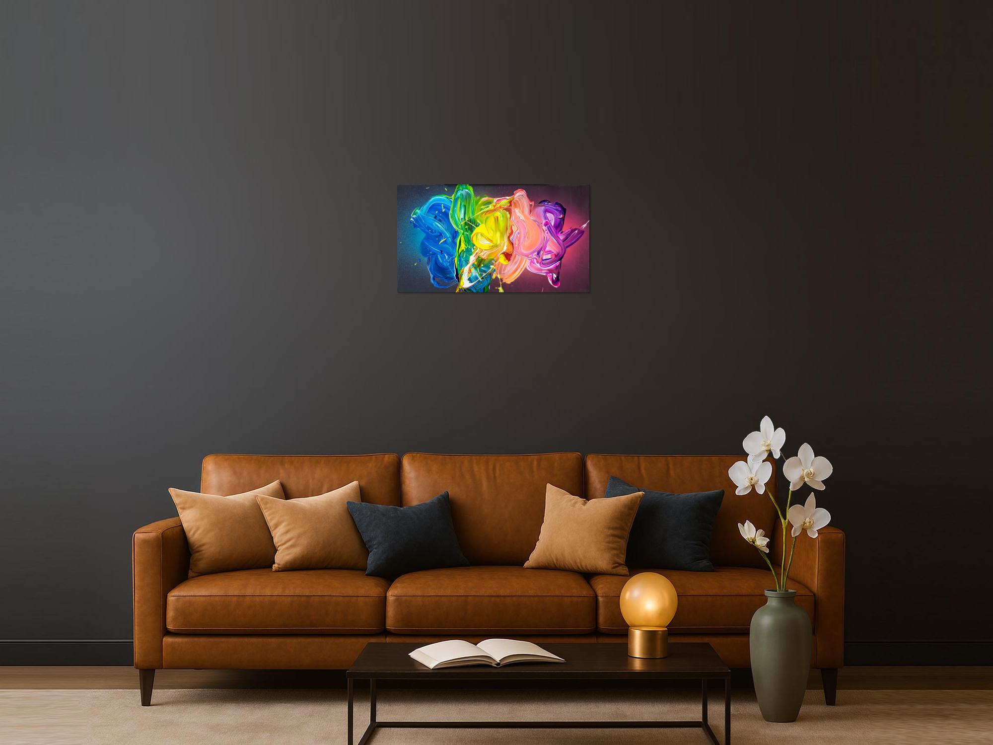 Abstraktes Original Gemälde 45x80cm Action Painting zeitgenössisch handgemalt Fluid Painting bunt blau gelb hochwertig