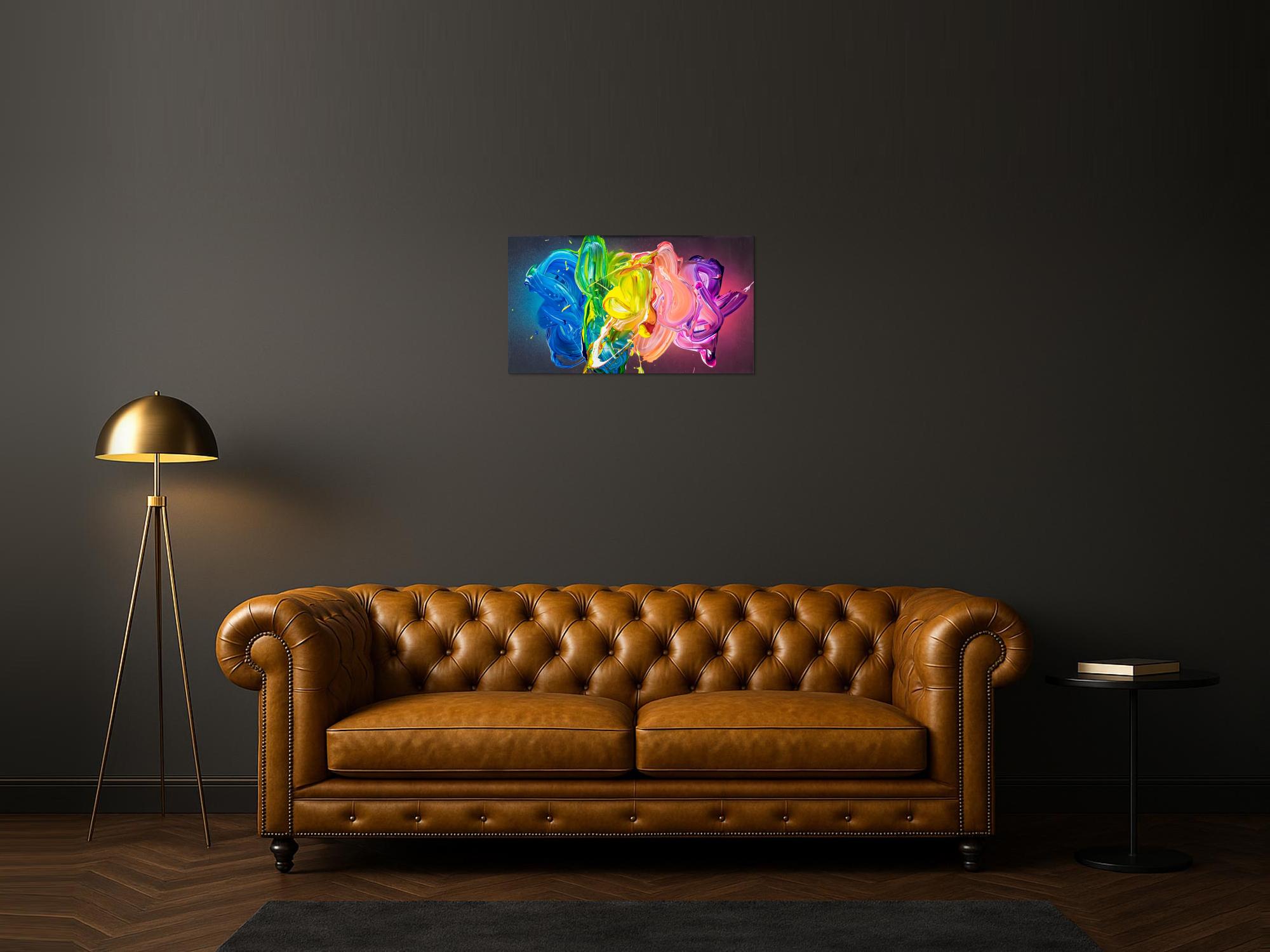 Abstraktes Original Gemälde 45x80cm Action Painting zeitgenössisch handgemalt Fluid Painting bunt blau gelb hochwertig