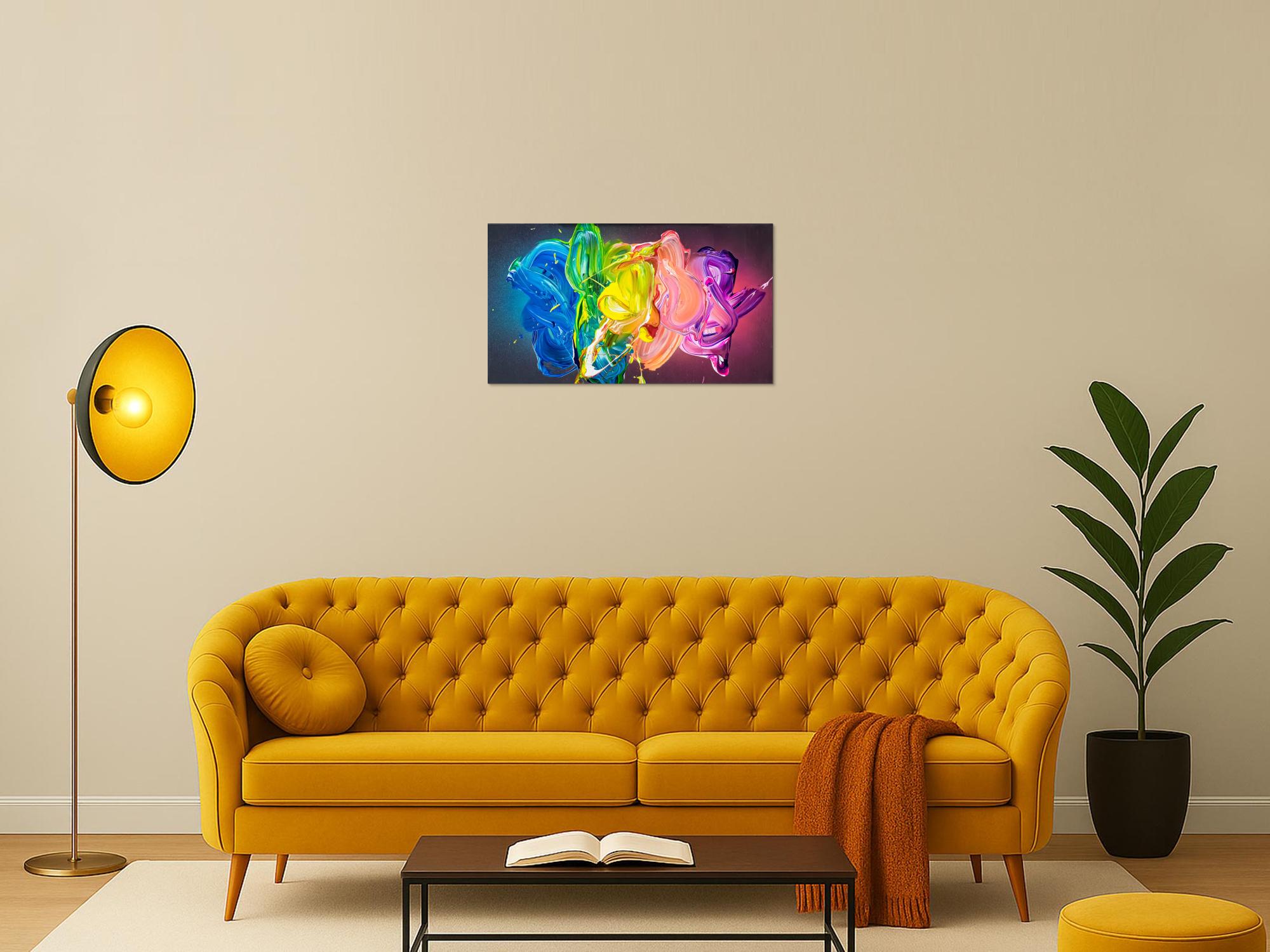 Abstraktes Original Gemälde 45x80cm Action Painting zeitgenössisch handgemalt Fluid Painting bunt blau gelb hochwertig