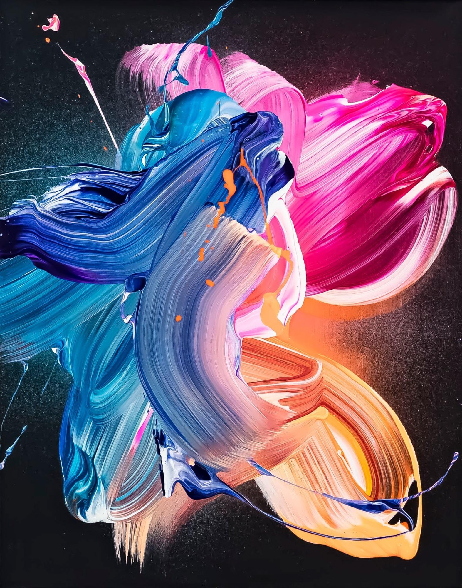 Original Gemälde abstrakt 50x40cm Action Painting Modern Art handgemalt Fluid Painting schwarz blau pink hochwertig