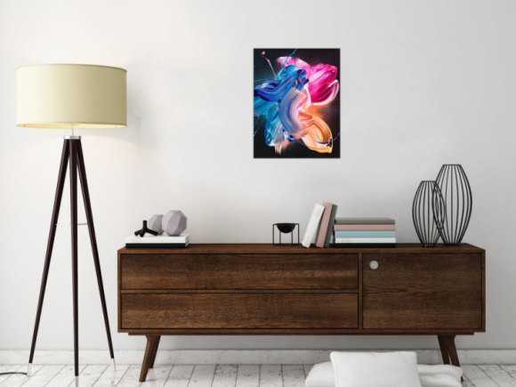 Original Gemälde abstrakt 50x40cm Action Painting Modern Art handgemalt Fluid Painting schwarz blau pink hochwertig