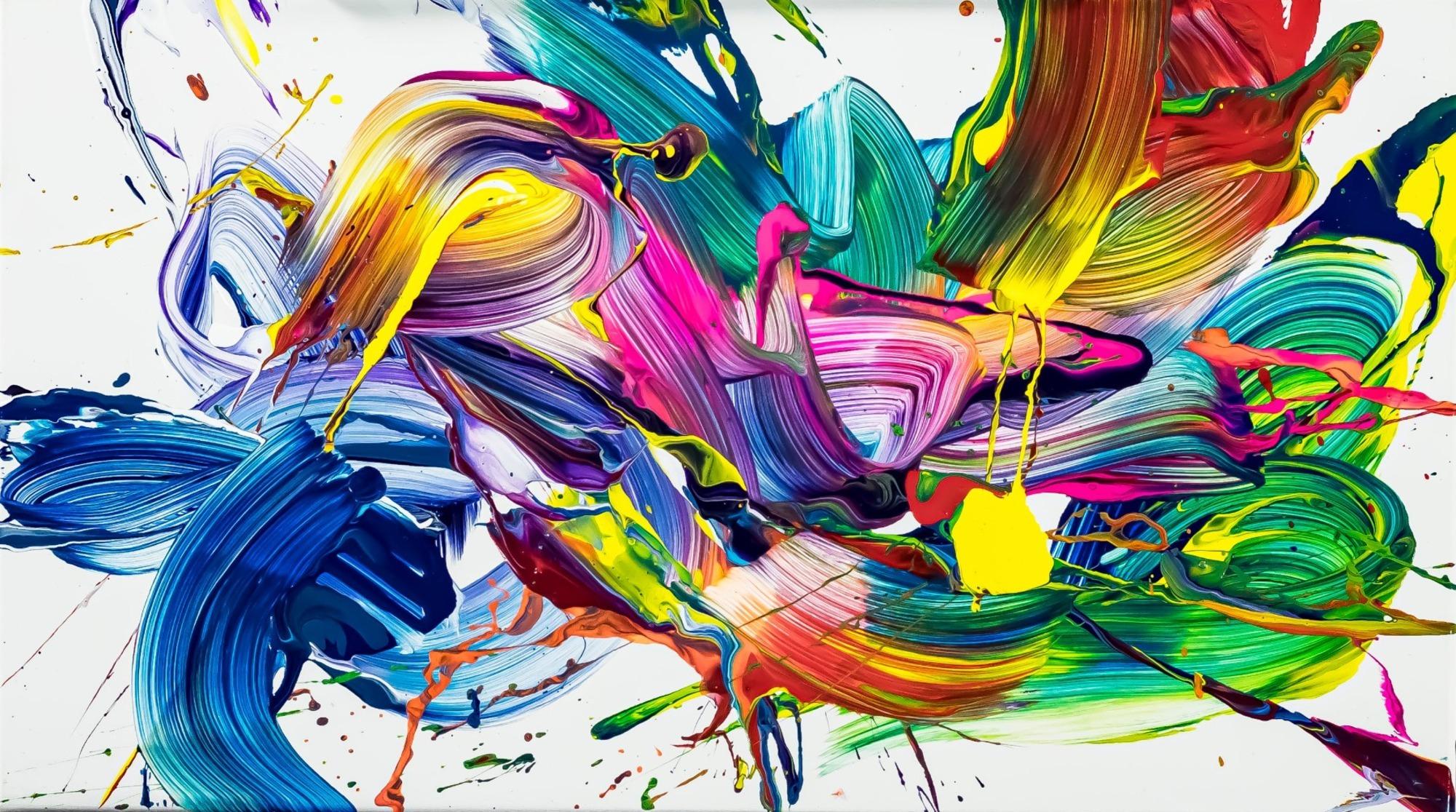 Original Gemälde abstrakt 45x80cm Action Painting zeitgenössisch auf Leinwand Mischtechnik weiß bunt blau einzigartig