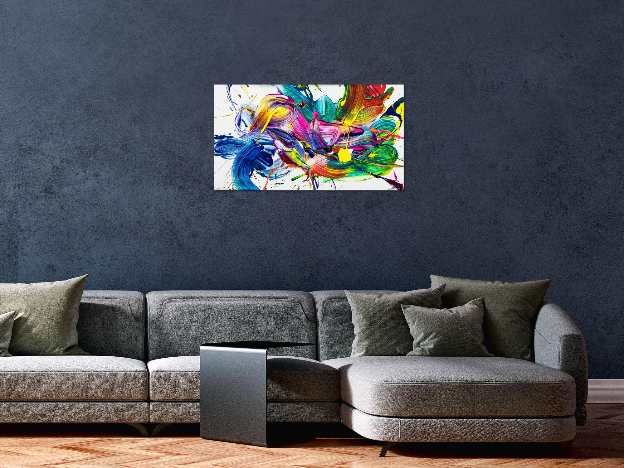 Original Gemälde abstrakt 45x80cm Action Painting zeitgenössisch auf Leinwand Mischtechnik weiß bunt blau einzigartig