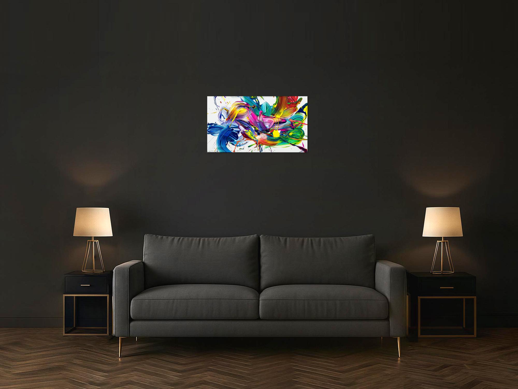 Original Gemälde abstrakt 45x80cm Action Painting zeitgenössisch auf Leinwand Mischtechnik weiß bunt blau einzigartig