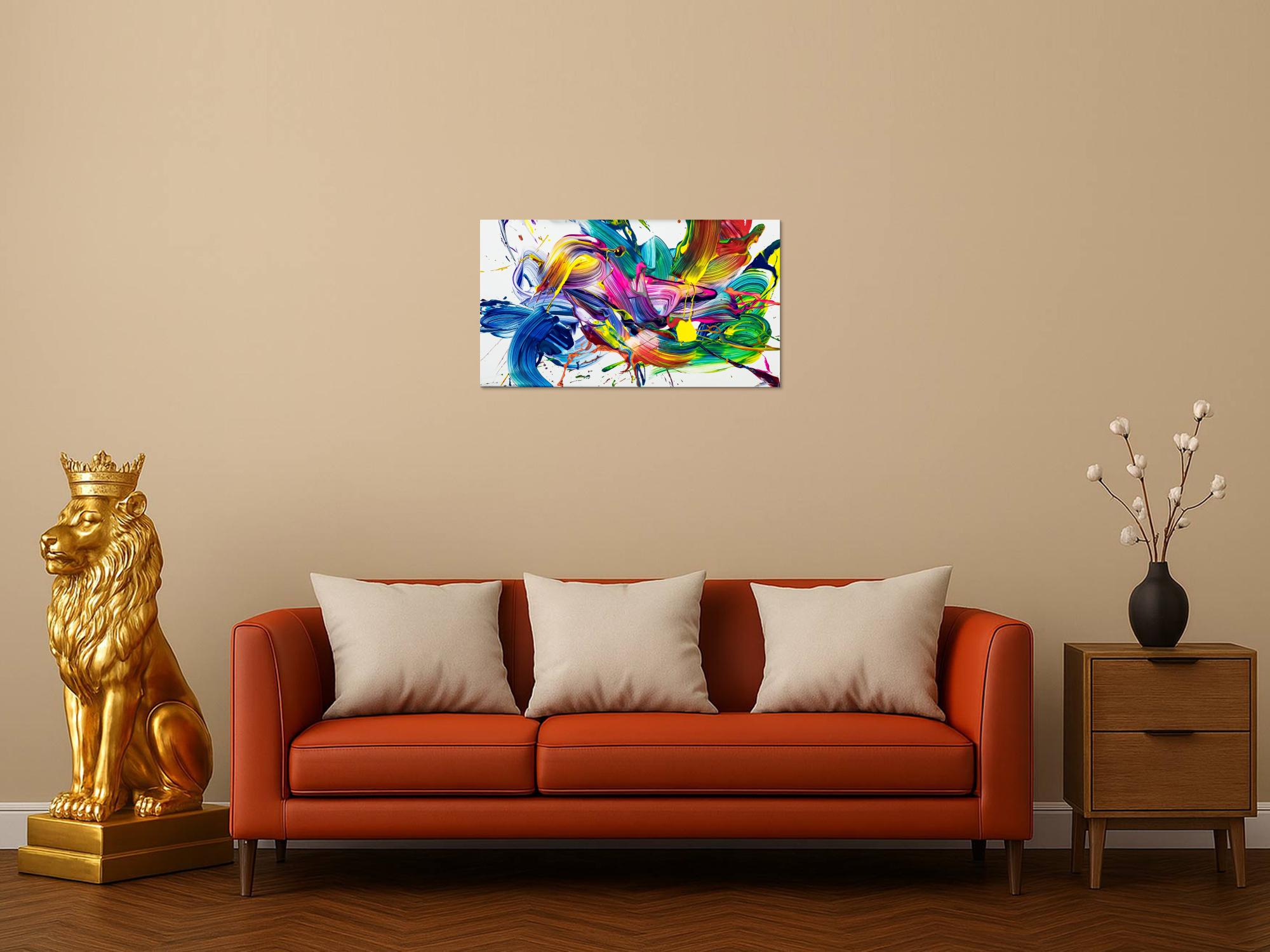 Original Gemälde abstrakt 45x80cm Action Painting zeitgenössisch auf Leinwand Mischtechnik weiß bunt blau einzigartig