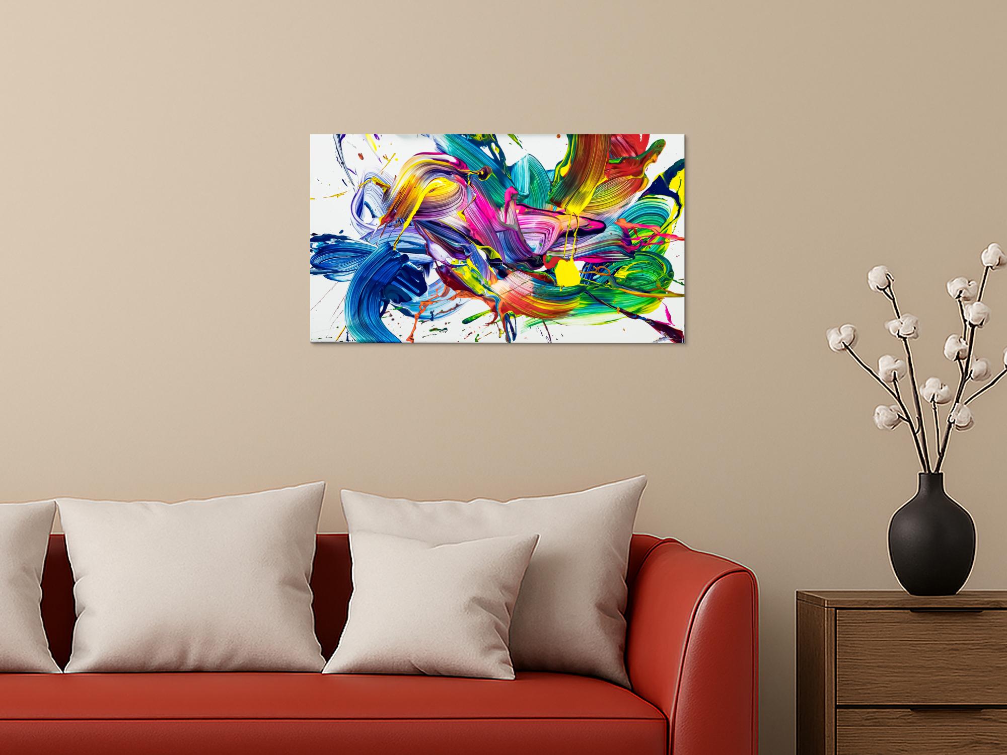 Original Gemälde abstrakt 45x80cm Action Painting zeitgenössisch auf Leinwand Mischtechnik weiß bunt blau einzigartig