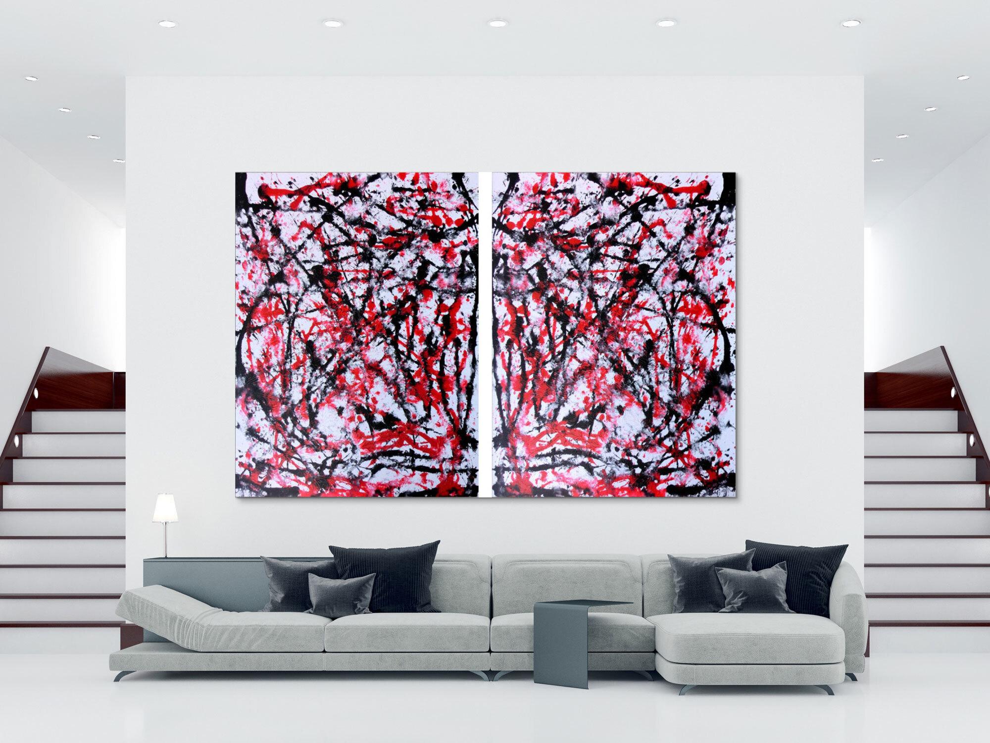 Abstraktes Acrylbild sehr groß weiß rot schwarz