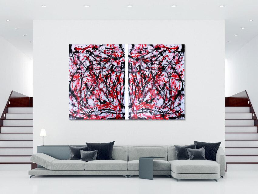 Abstraktes Acrylbild sehr groß weiß rot schwarz