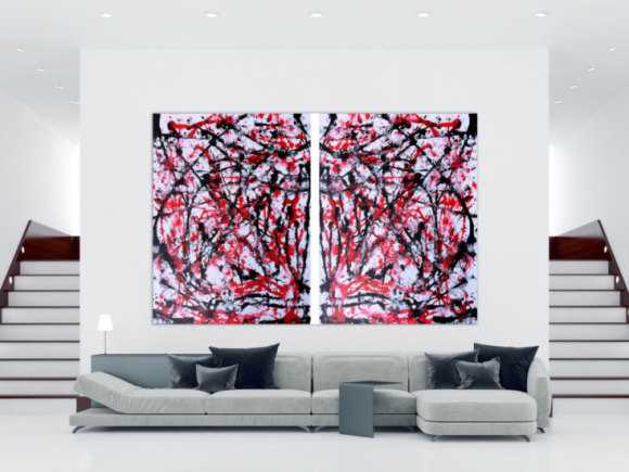 Abstraktes Acrylbild sehr groß weiß rot schwarz