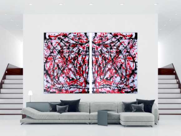Abstraktes Acrylbild sehr groß weiß rot schwarz