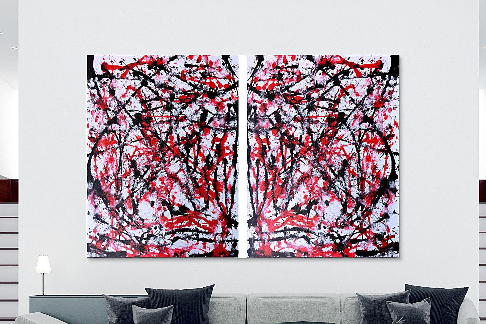 Abstraktes Acrylbild sehr groß weiß rot schwarz