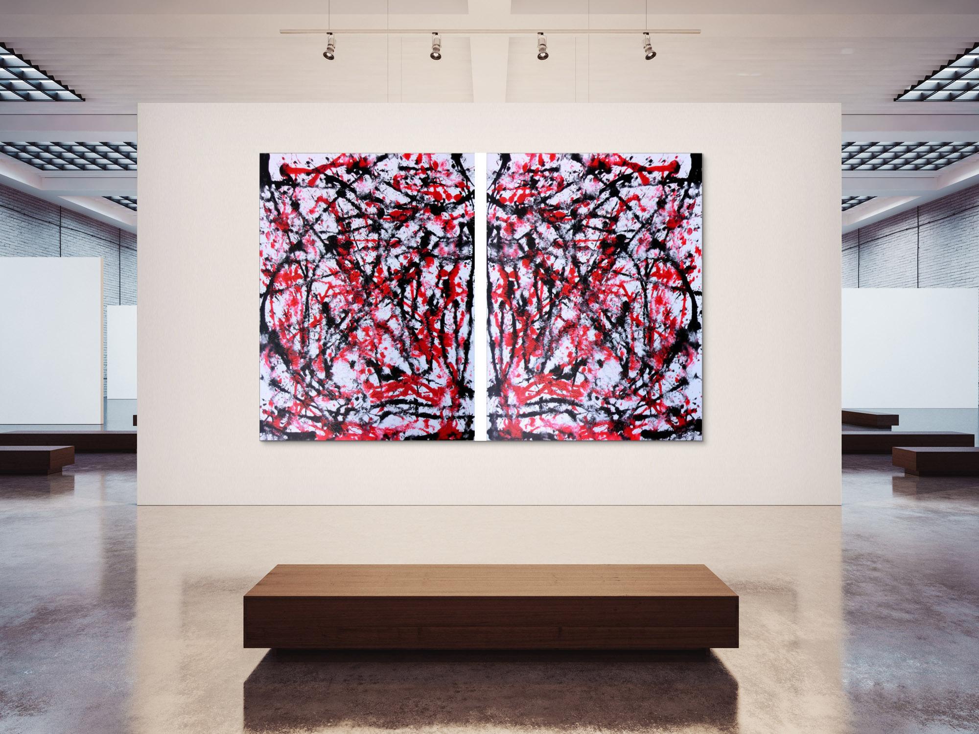 Abstraktes Acrylbild sehr groß weiß rot schwarz