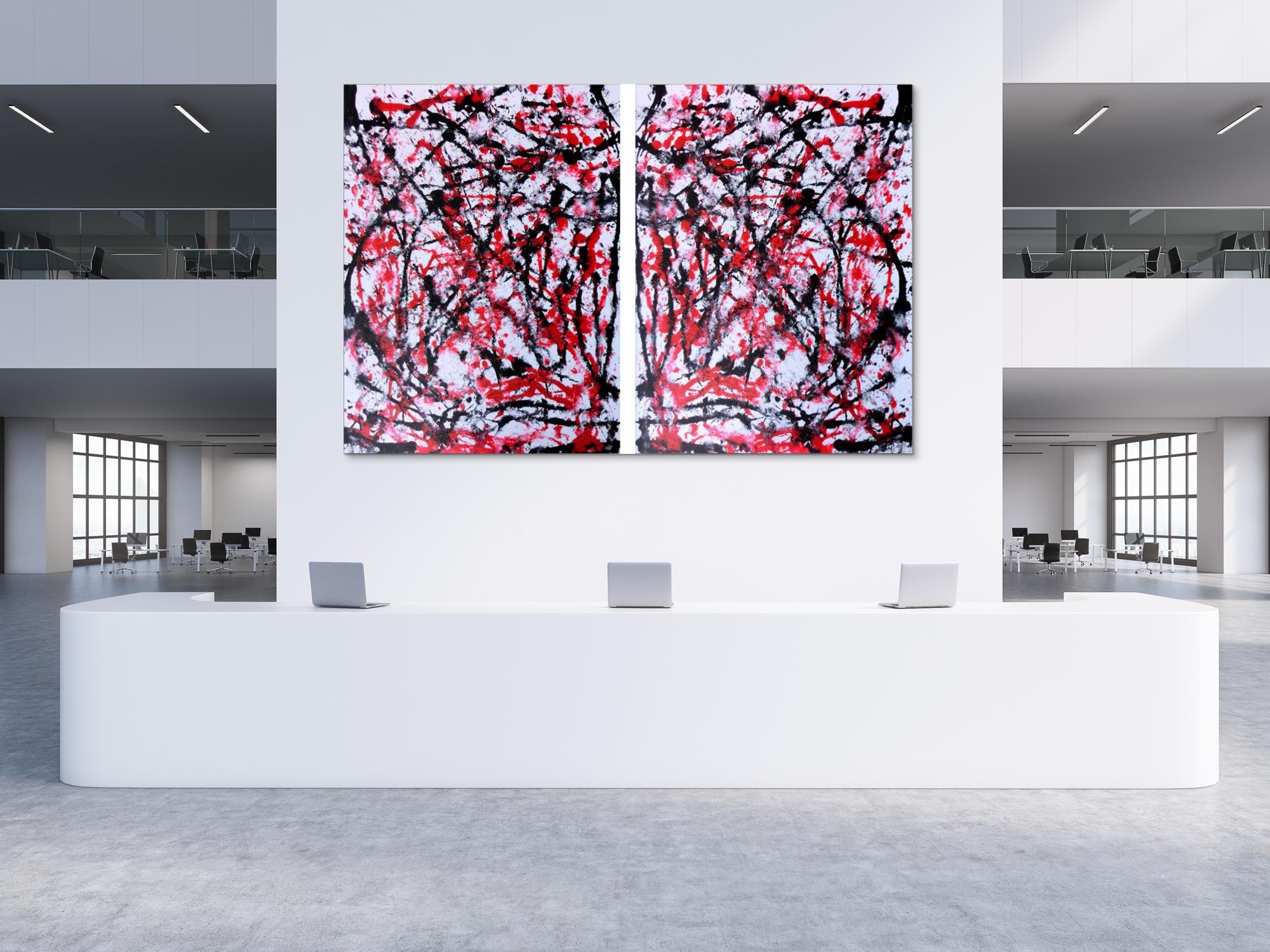 Abstraktes Acrylbild sehr groß weiß rot schwarz