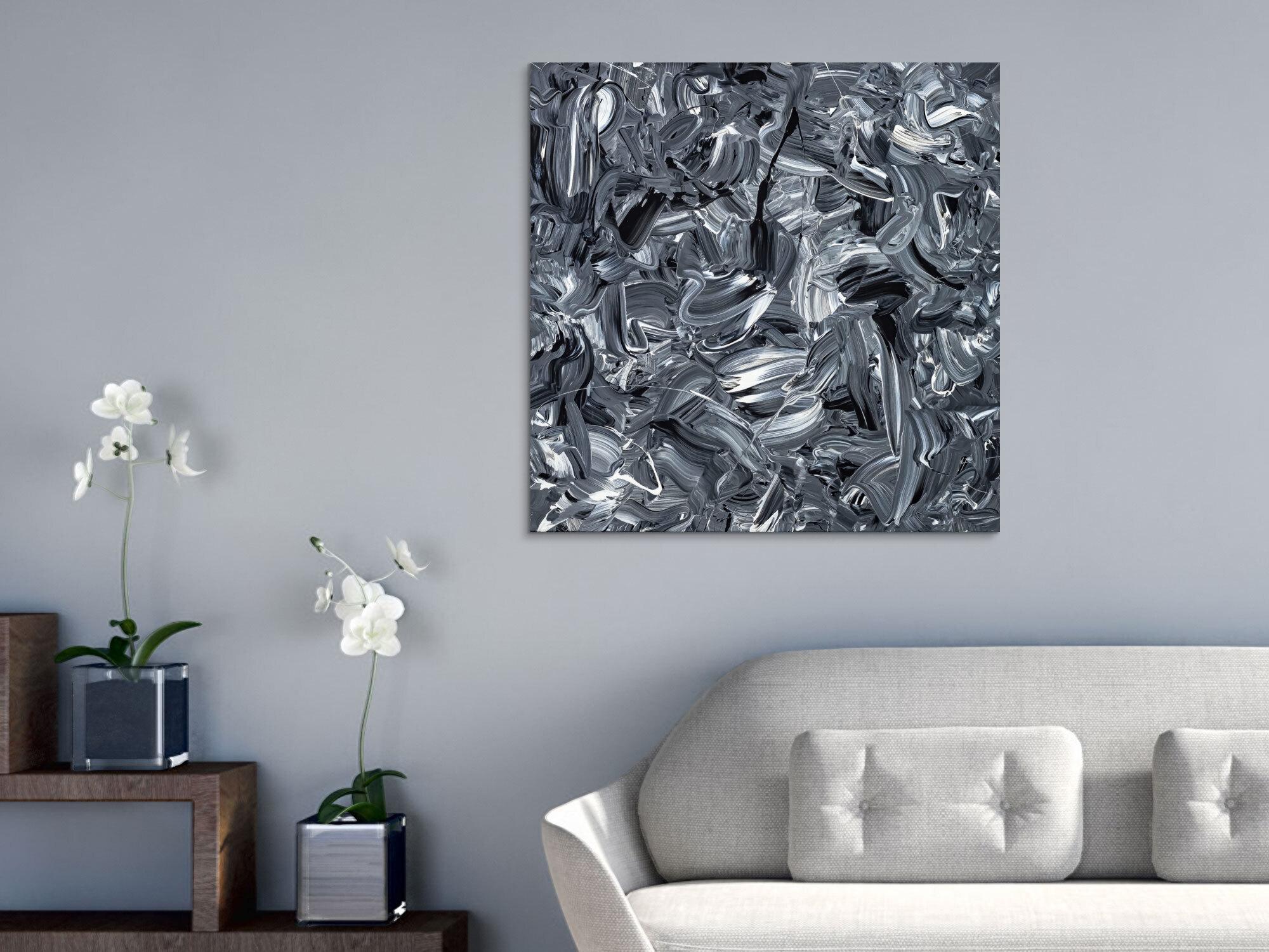 Abstraktes Original Gemälde 80x80cm Minimalistisch expressionistisch handgefertigt Action Painting schwarz weiss schwarz anthrazit hochwertig