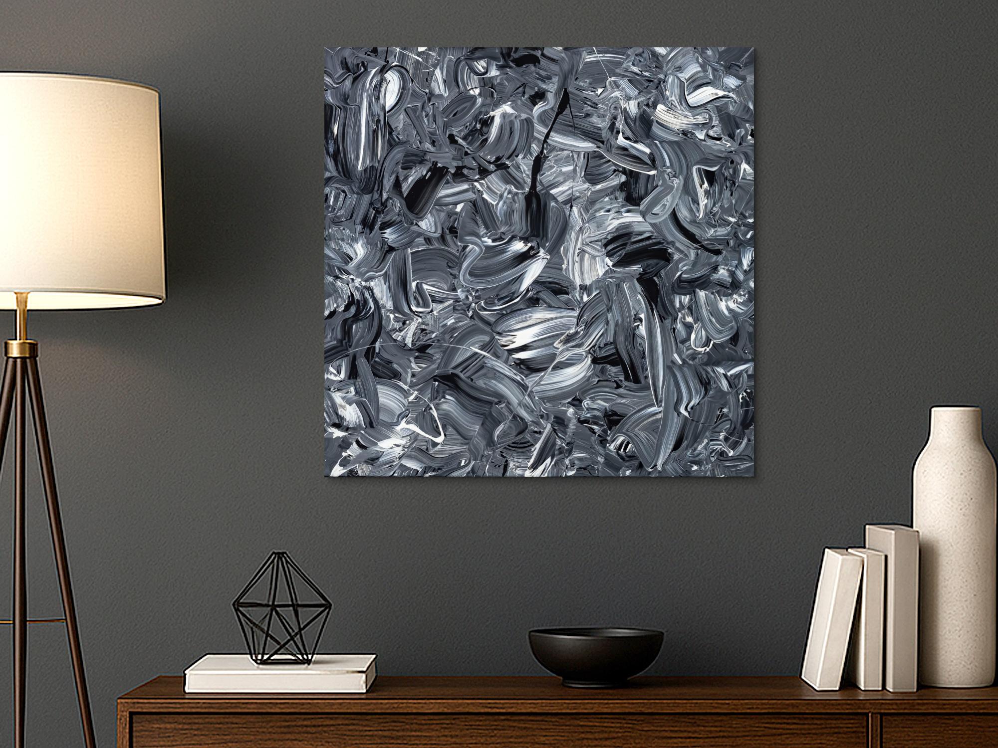 Abstraktes Original Gemälde 80x80cm Minimalistisch expressionistisch handgefertigt Action Painting schwarz weiss schwarz anthrazit hochwertig