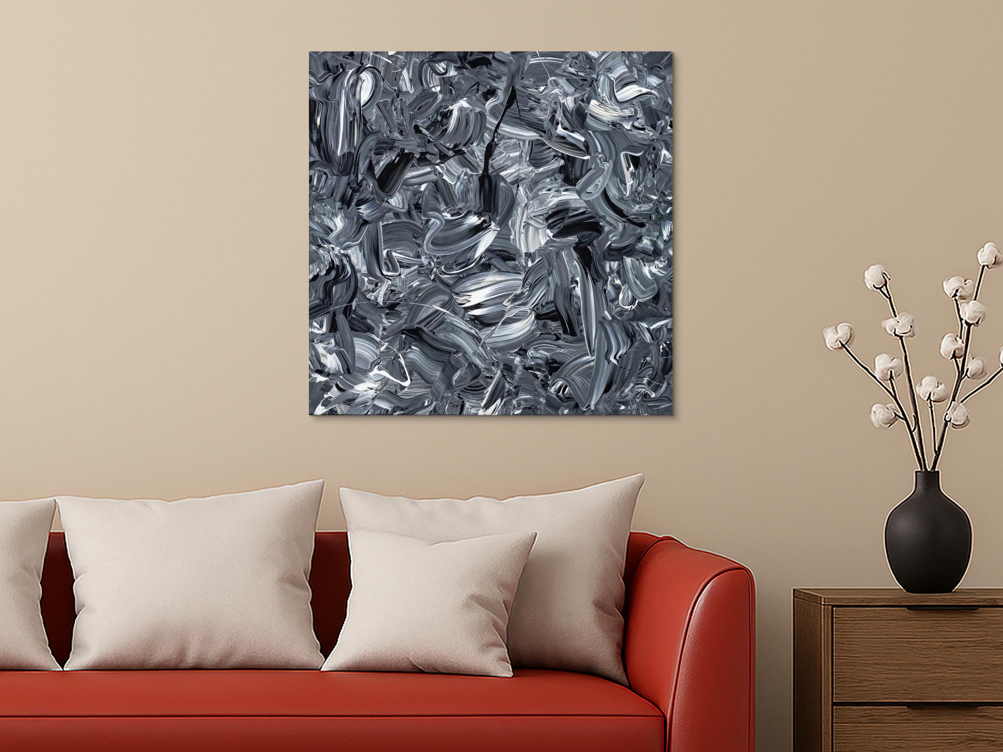 Abstraktes Original Gemälde 80x80cm Minimalistisch expressionistisch handgefertigt Action Painting schwarz weiss schwarz anthrazit hochwertig