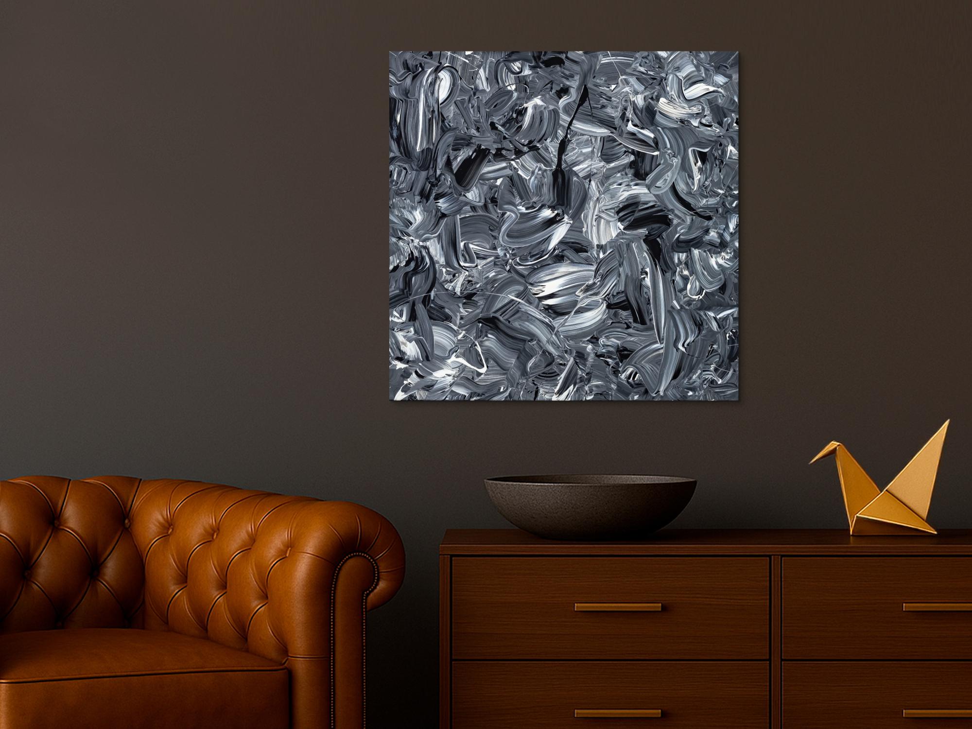 Abstraktes Original Gemälde 80x80cm Minimalistisch expressionistisch handgefertigt Action Painting schwarz weiss schwarz anthrazit hochwertig