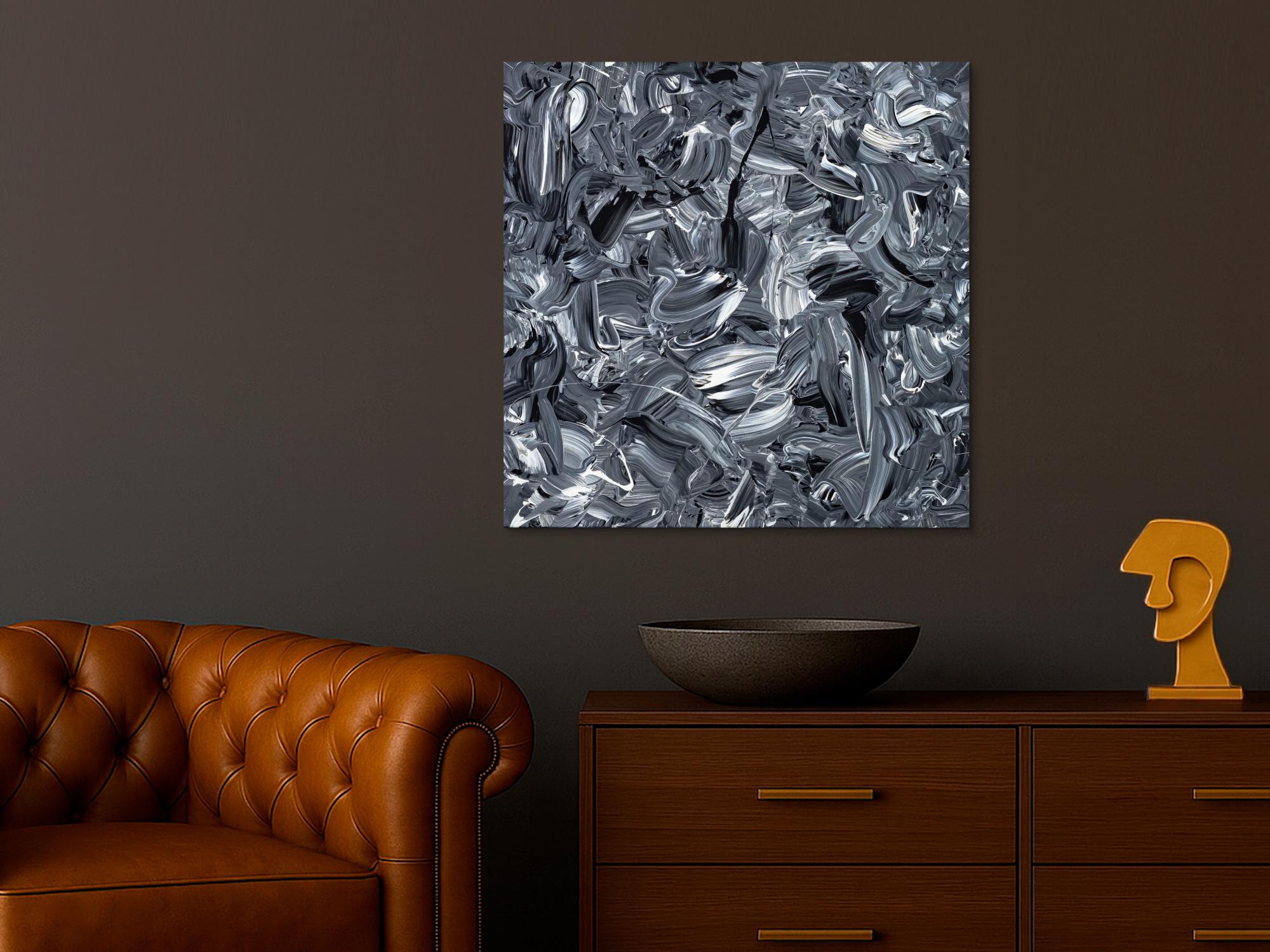 Abstraktes Original Gemälde 80x80cm Minimalistisch expressionistisch handgefertigt Action Painting schwarz weiss schwarz anthrazit hochwertig