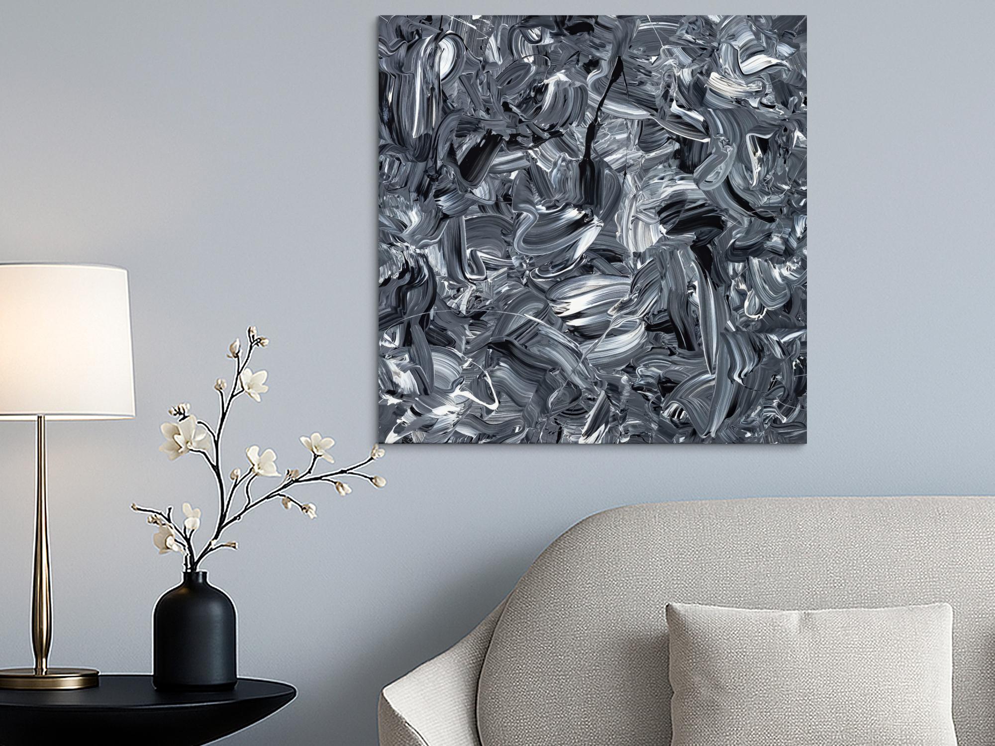 Abstraktes Original Gemälde 80x80cm Minimalistisch expressionistisch handgefertigt Action Painting schwarz weiss schwarz anthrazit hochwertig