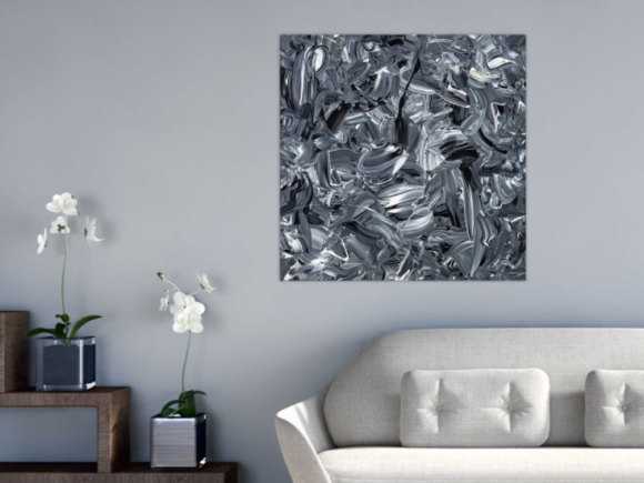 Abstraktes Original Gemälde 80x80cm Minimalistisch expressionistisch handgefertigt Action Painting schwarz weiss schwarz anthrazit hochwertig