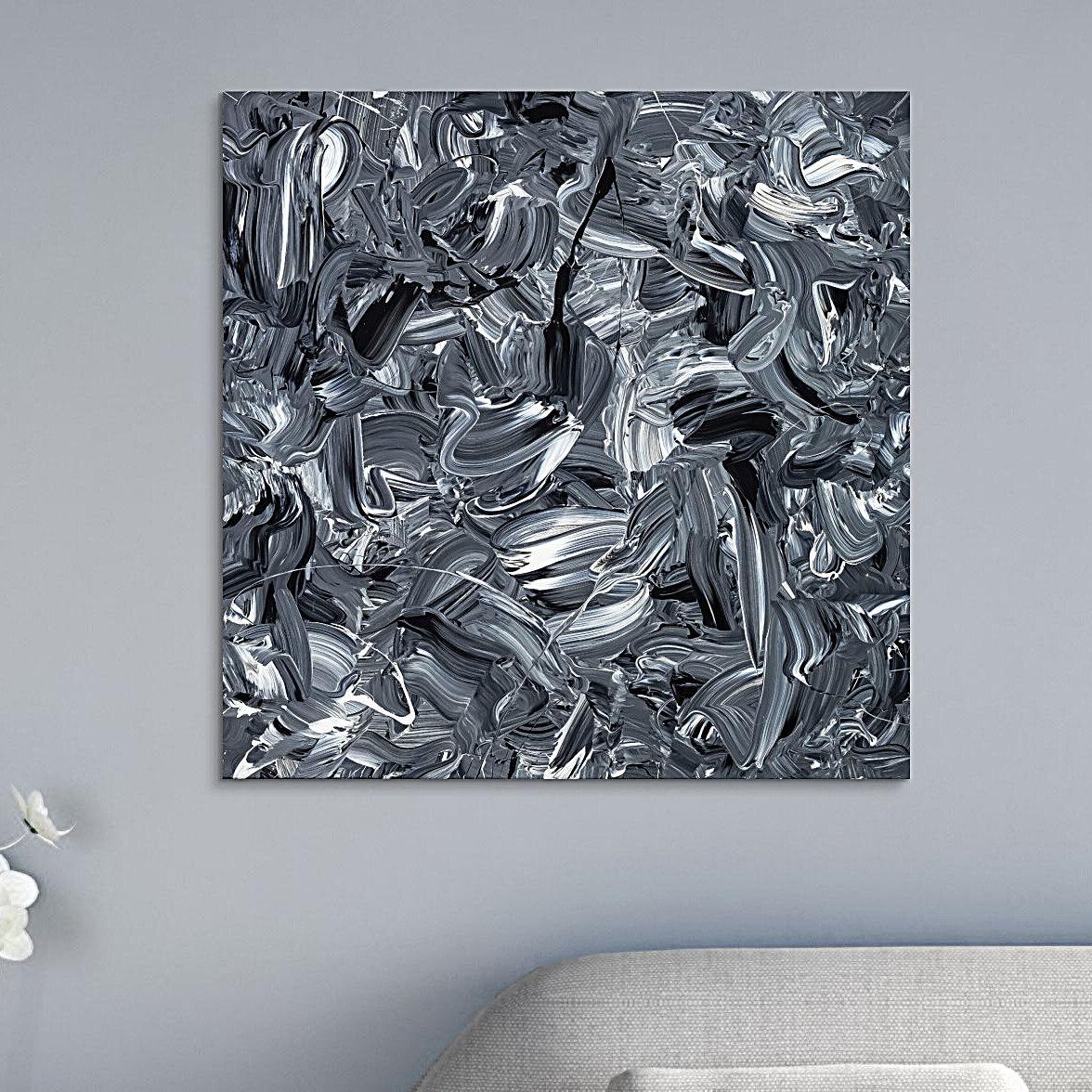 Abstraktes Original Gemälde 80x80cm Minimalistisch expressionistisch handgefertigt Action Painting schwarz weiss schwarz anthrazit hochwertig