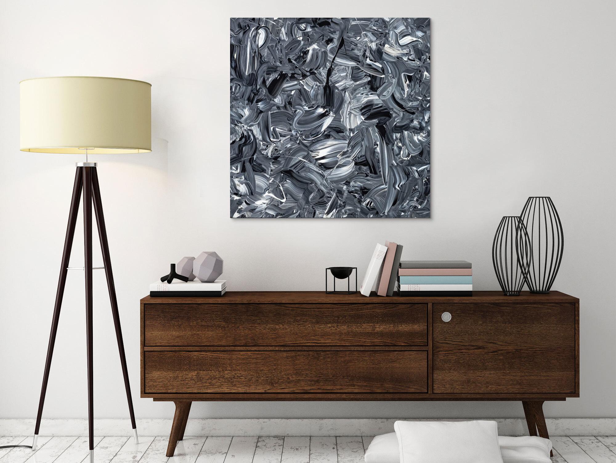 Abstraktes Original Gemälde 80x80cm Minimalistisch expressionistisch handgefertigt Action Painting schwarz weiss schwarz anthrazit hochwertig
