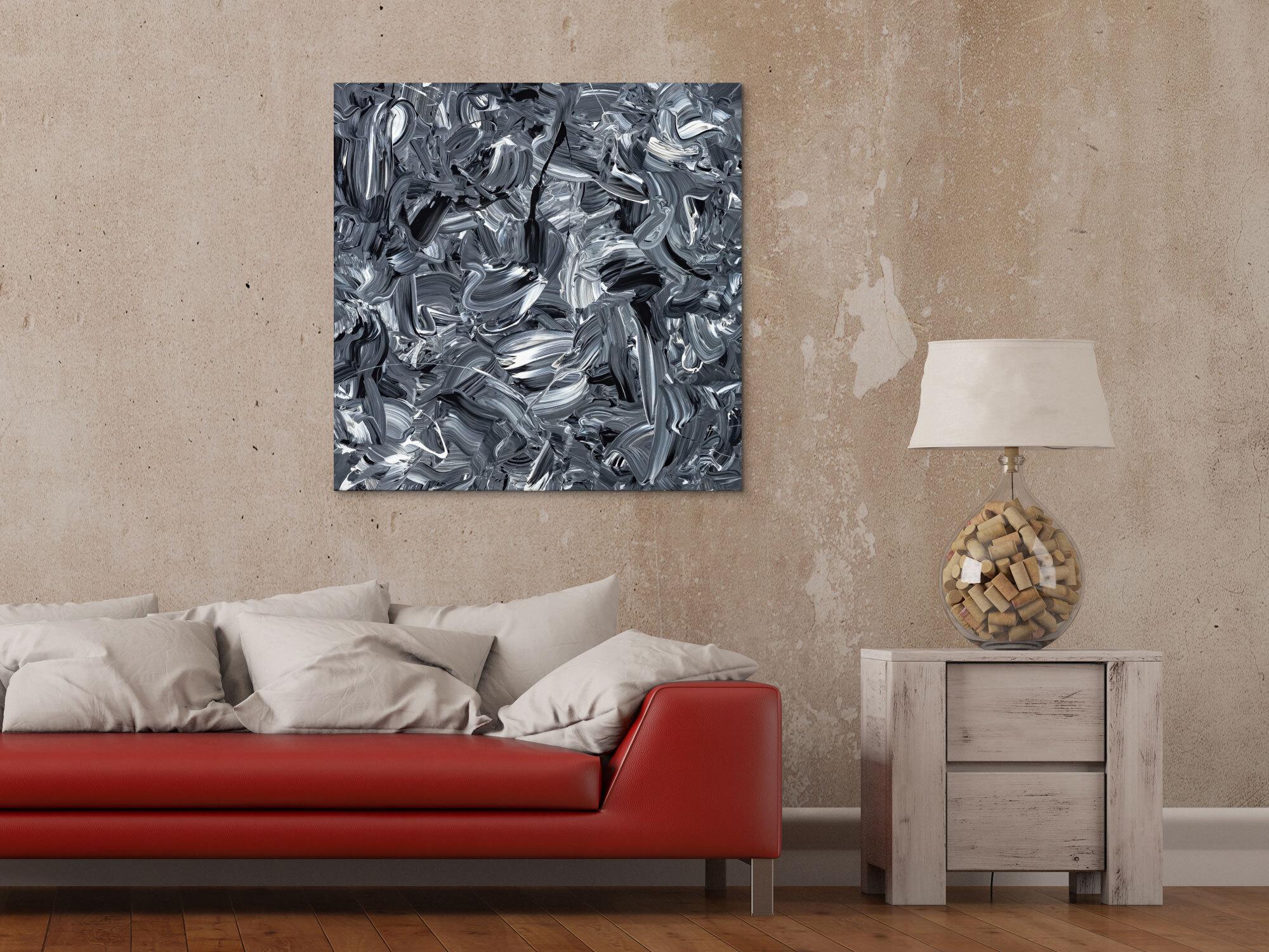Abstraktes Original Gemälde 80x80cm Minimalistisch expressionistisch handgefertigt Action Painting schwarz weiss schwarz anthrazit hochwertig