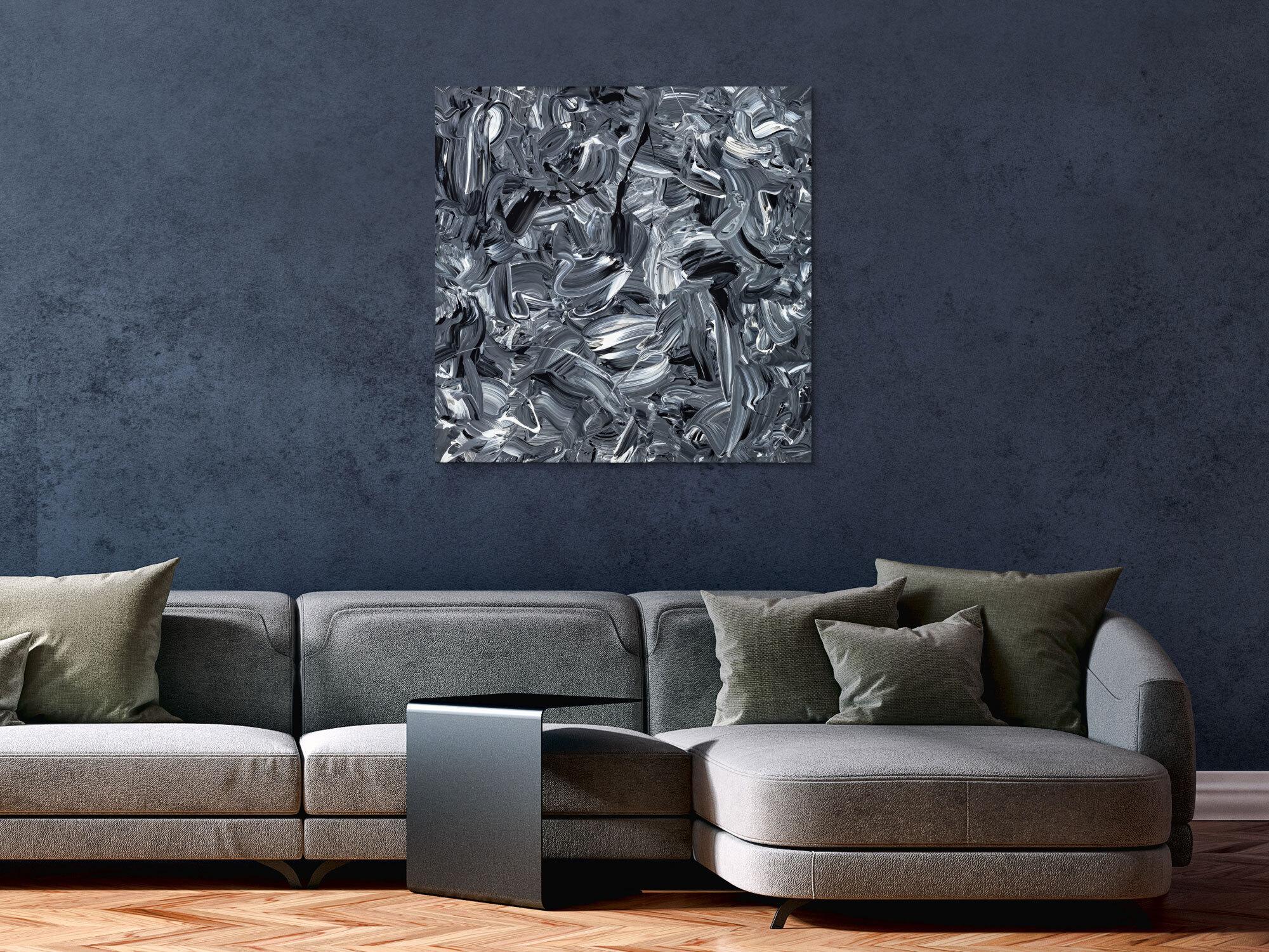 Abstraktes Original Gemälde 80x80cm Minimalistisch expressionistisch handgefertigt Action Painting schwarz weiss schwarz anthrazit hochwertig