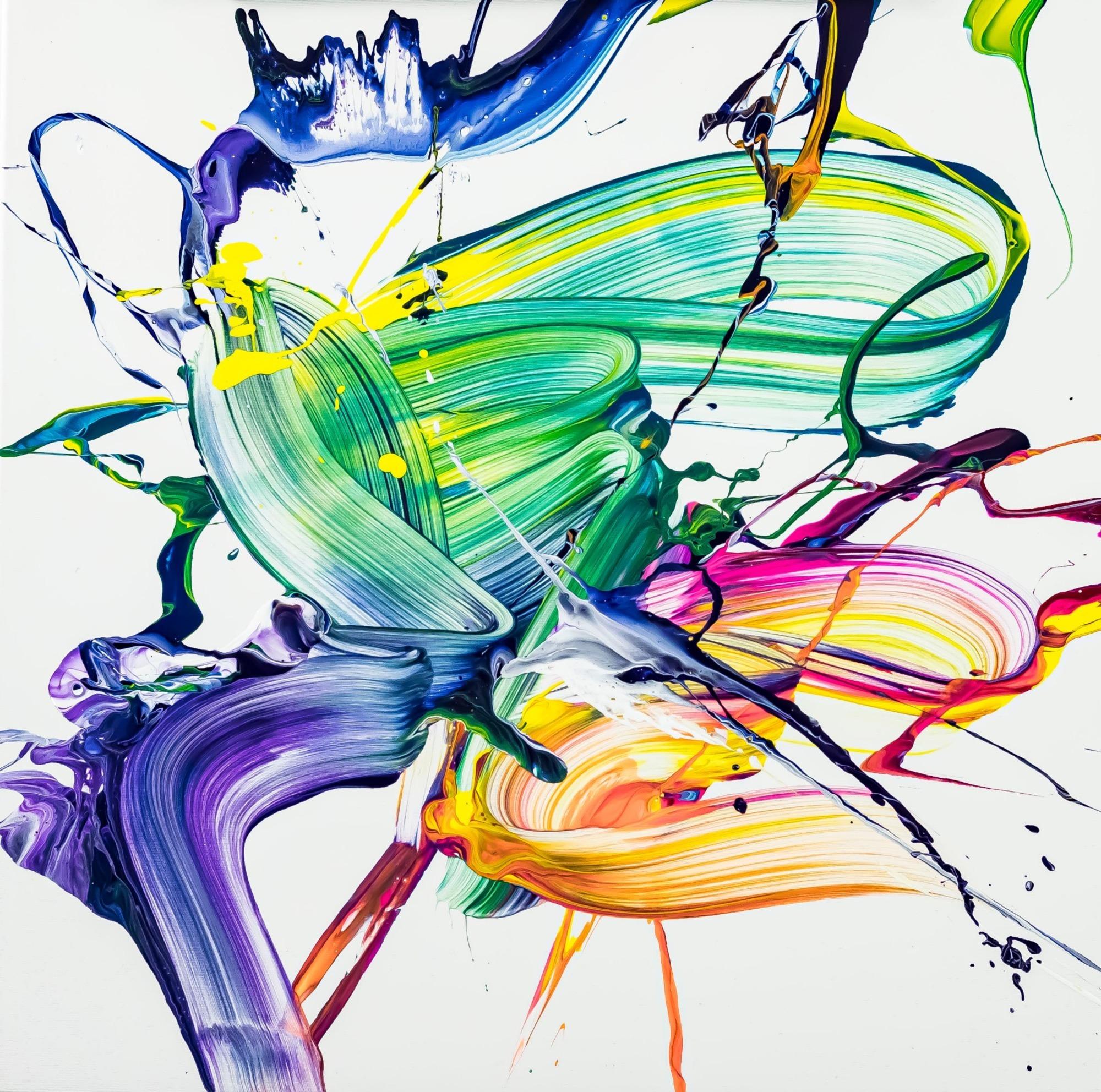 Abstraktes Original Gemälde 70x70cm Action Painting zeitgenössisch handgefertigt Fluid Painting weiß bunt hellgrün Unikat