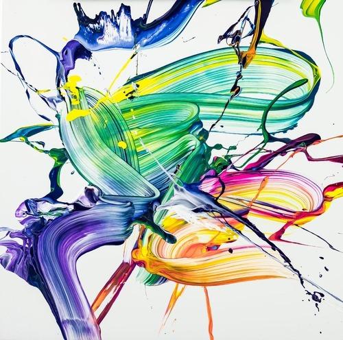 Abstraktes Original Gemälde 70x70cm Action Painting zeitgenössisch handgefertigt Fluid Painting weiß bunt hellgrün Unikat
