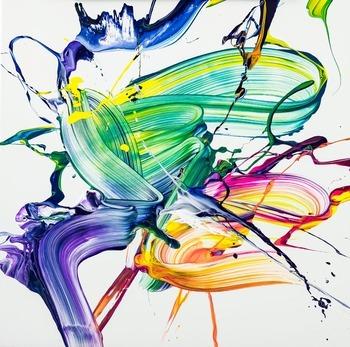 Abstraktes Original Gemälde 70x70cm Action Painting zeitgenössisch handgefertigt Fluid Painting weiß bunt hellgrün Unikat