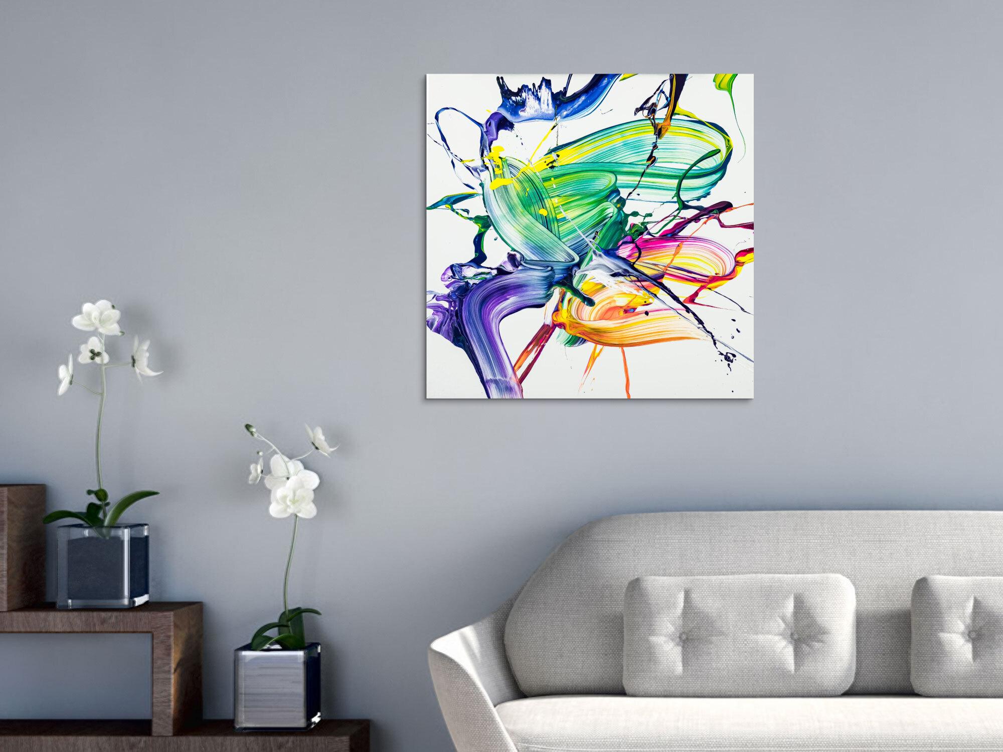 Abstraktes Original Gemälde 70x70cm Action Painting zeitgenössisch handgefertigt Fluid Painting weiß bunt hellgrün Unikat