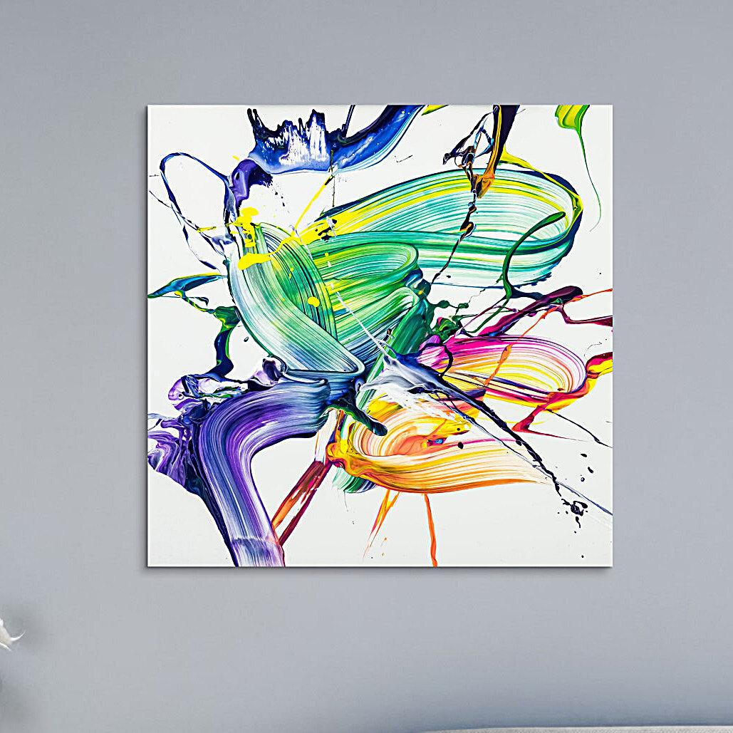 Abstraktes Original Gemälde 70x70cm Action Painting zeitgenössisch handgefertigt Fluid Painting weiß bunt hellgrün Unikat