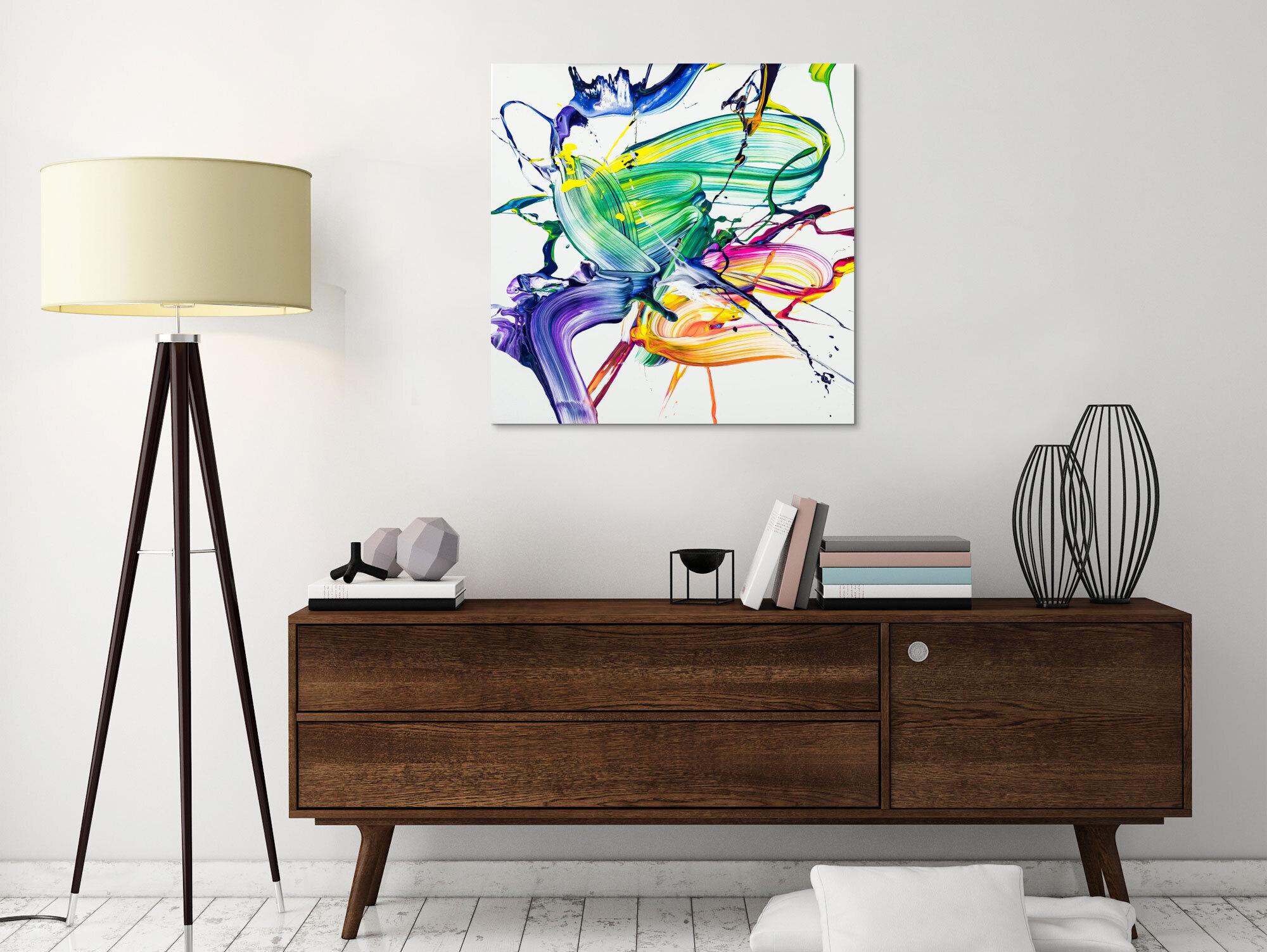 Abstraktes Original Gemälde 70x70cm Action Painting zeitgenössisch handgefertigt Fluid Painting weiß bunt hellgrün Unikat