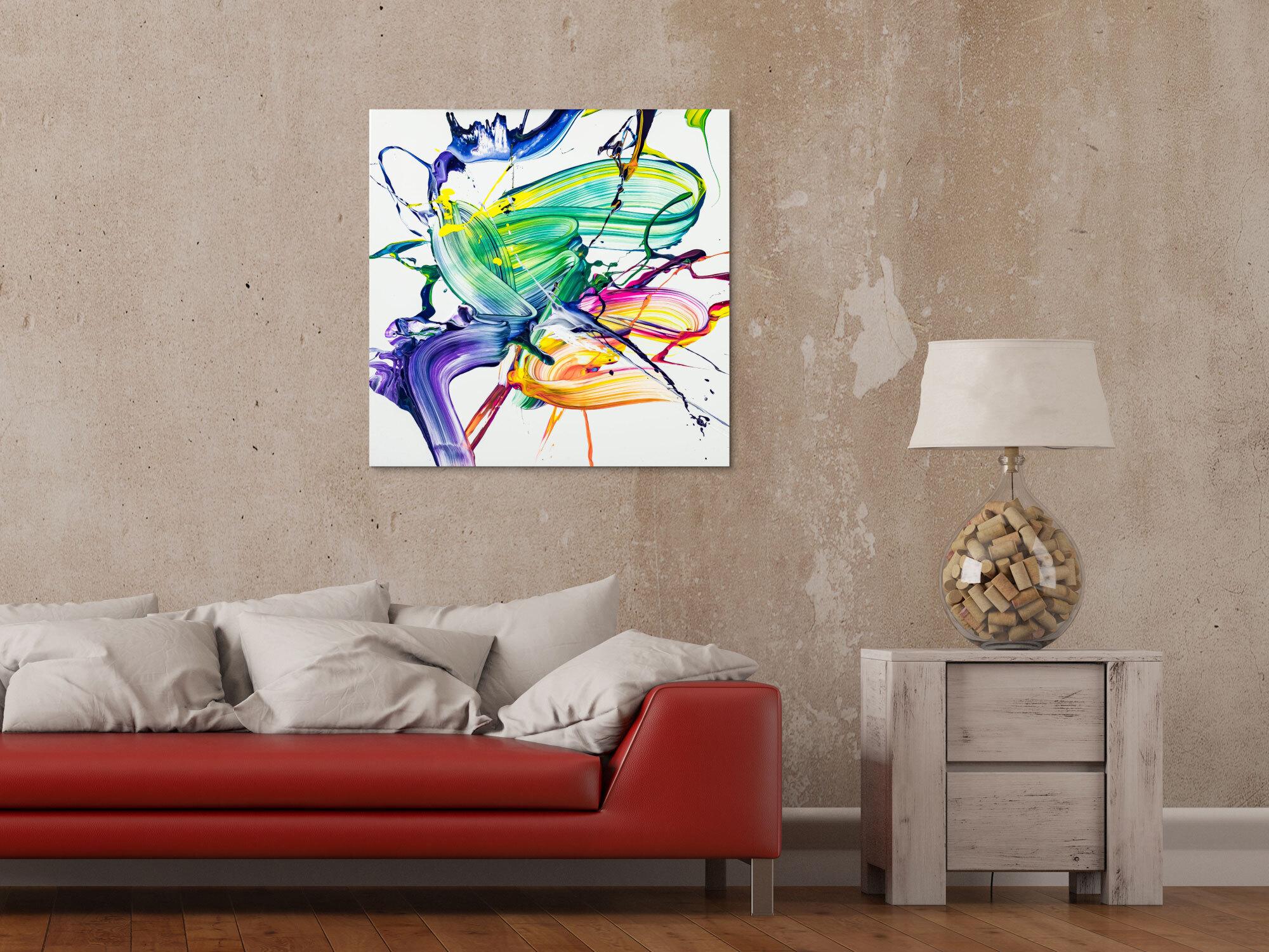 Abstraktes Original Gemälde 70x70cm Action Painting zeitgenössisch handgefertigt Fluid Painting weiß bunt hellgrün Unikat