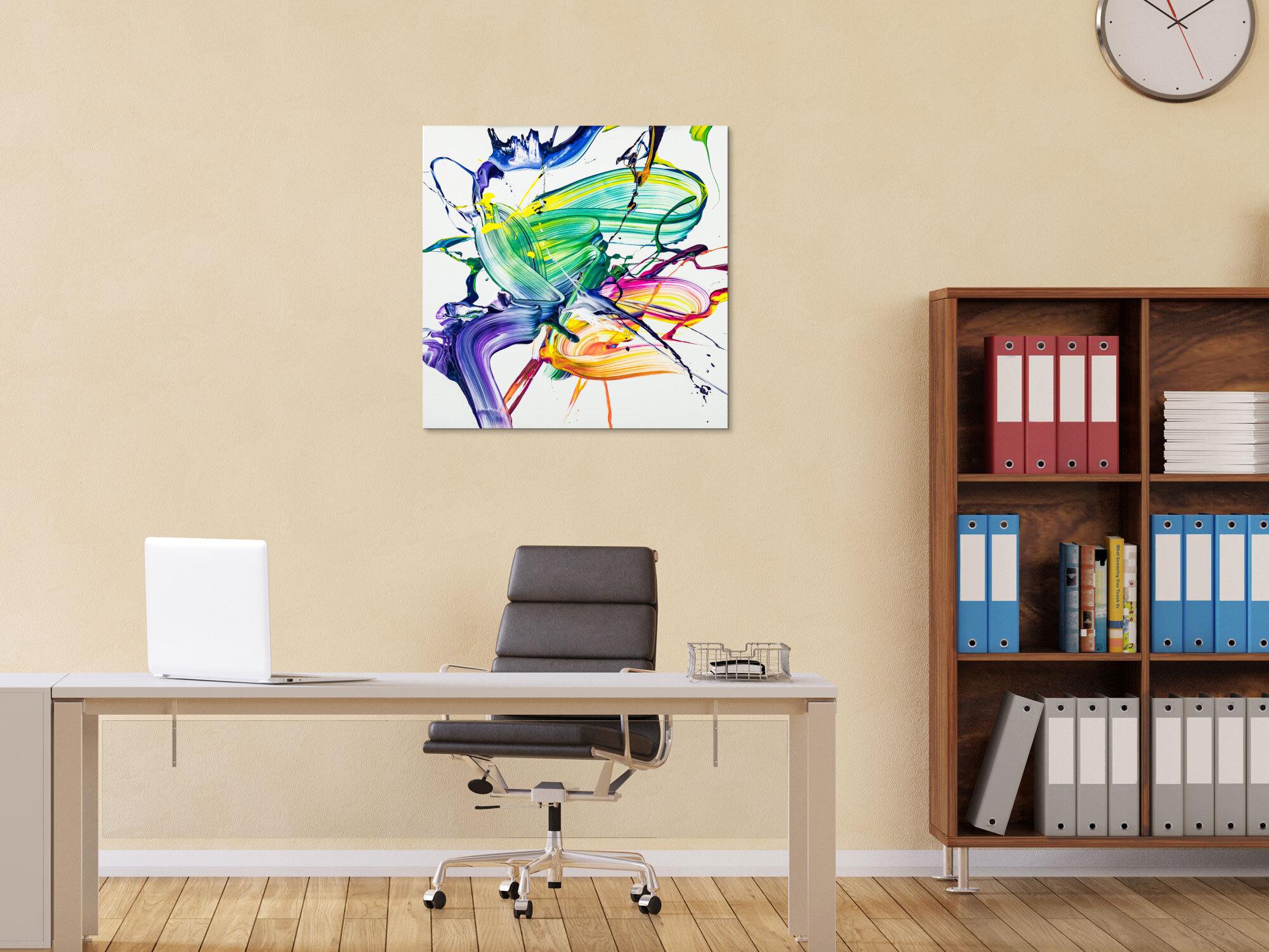 Abstraktes Original Gemälde 70x70cm Action Painting zeitgenössisch handgefertigt Fluid Painting weiß bunt hellgrün Unikat