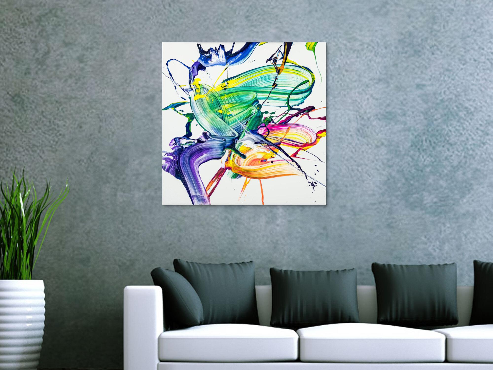 Abstraktes Original Gemälde 70x70cm Action Painting zeitgenössisch handgefertigt Fluid Painting weiß bunt hellgrün Unikat