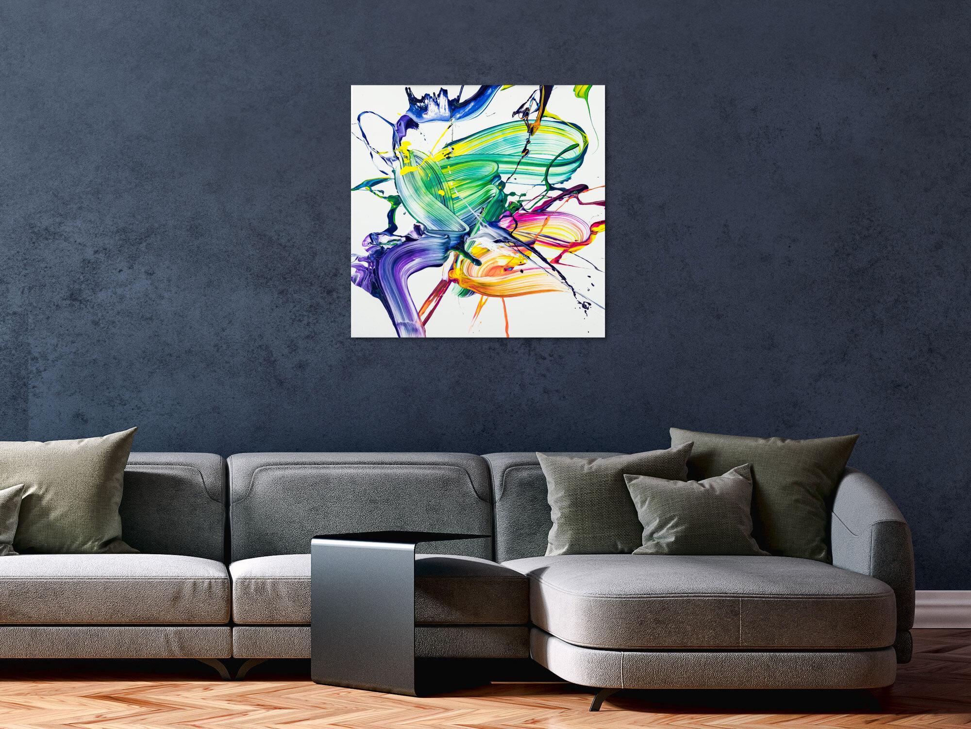 Abstraktes Original Gemälde 70x70cm Action Painting zeitgenössisch handgefertigt Fluid Painting weiß bunt hellgrün Unikat