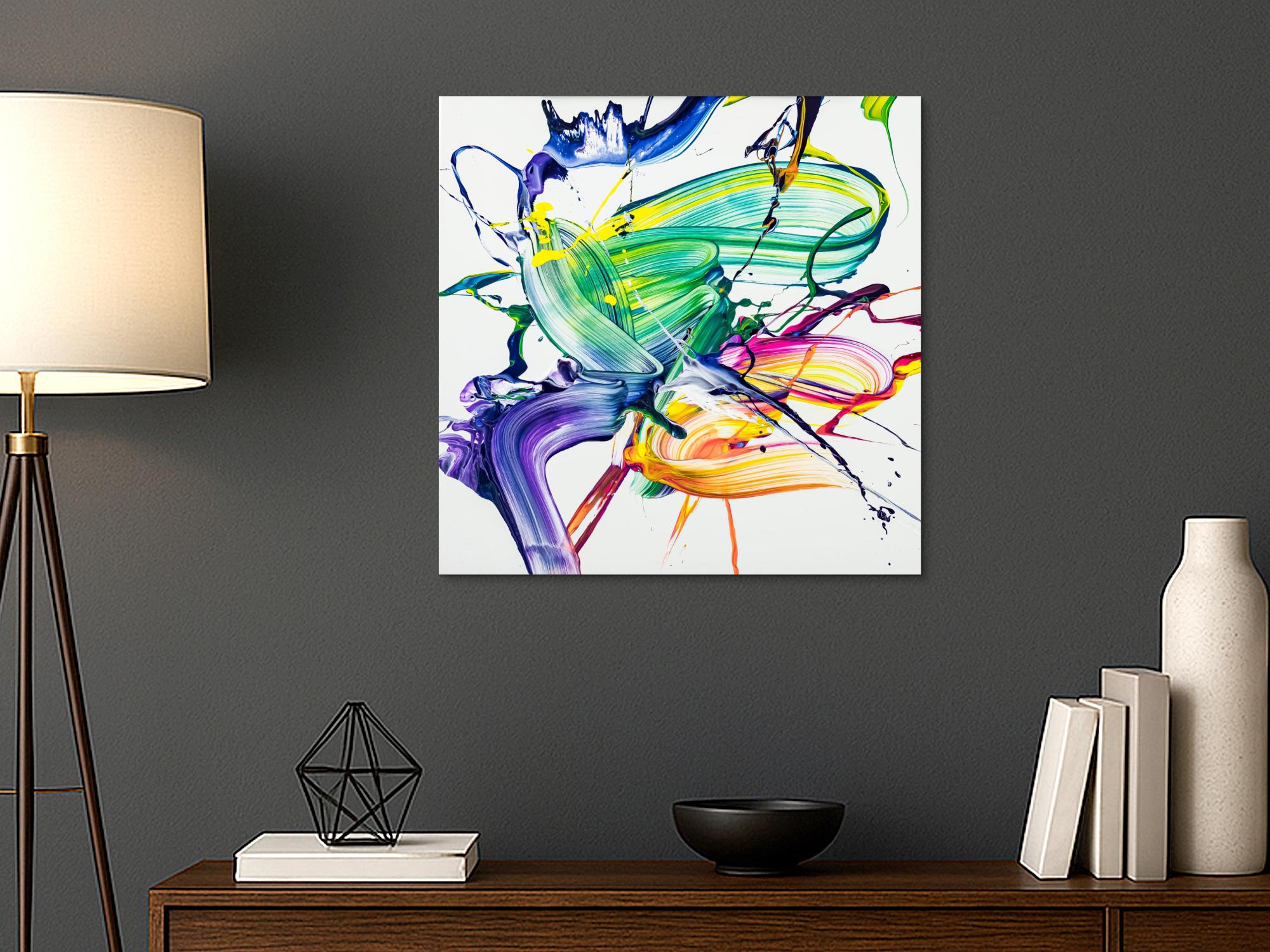 Abstraktes Original Gemälde 70x70cm Action Painting zeitgenössisch handgefertigt Fluid Painting weiß bunt hellgrün Unikat