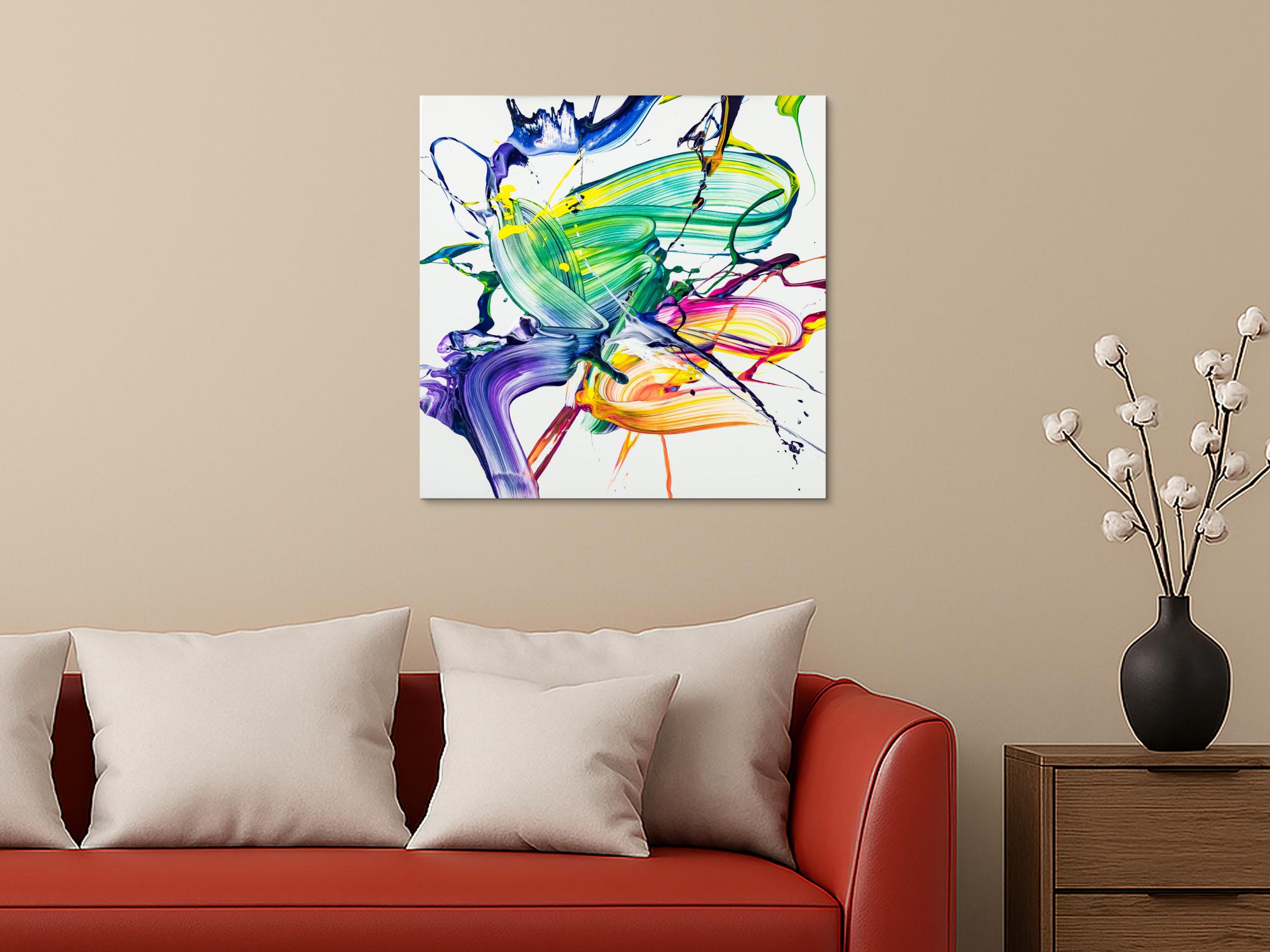 Abstraktes Original Gemälde 70x70cm Action Painting zeitgenössisch handgefertigt Fluid Painting weiß bunt hellgrün Unikat