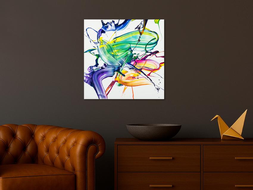 Abstraktes Original Gemälde 70x70cm Action Painting zeitgenössisch handgefertigt Fluid Painting weiß bunt hellgrün Unikat