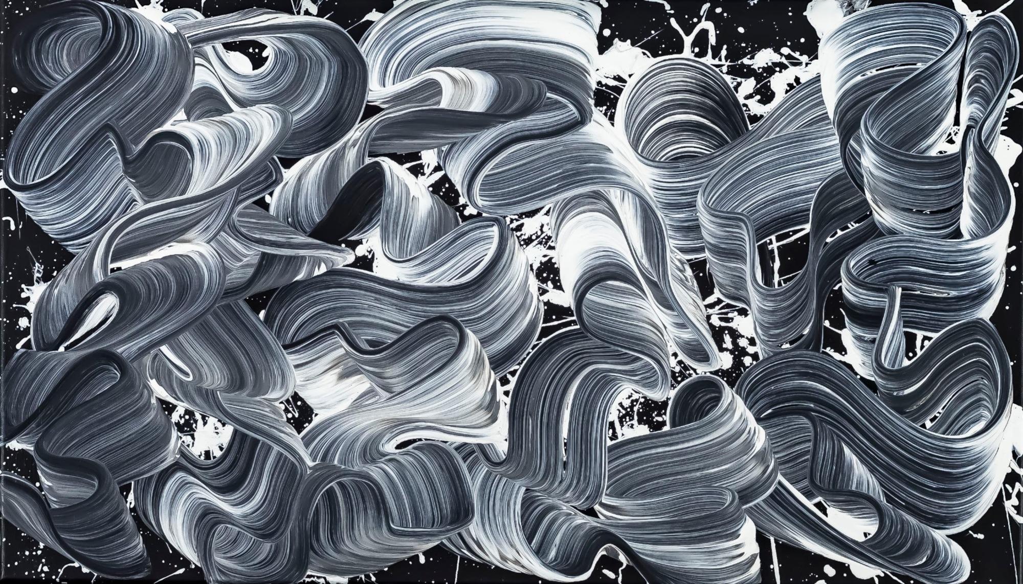 Gemälde Original abstrakt 40x70cm Minimalistisch Moderne Kunst auf Leinwand Action Painting schwarz weiss schwarz anthrazit einzigartig