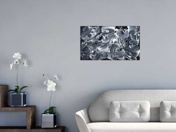 Gemälde Original abstrakt 40x70cm Minimalistisch Moderne Kunst auf Leinwand Action Painting schwarz weiss schwarz anthrazit einzigartig
