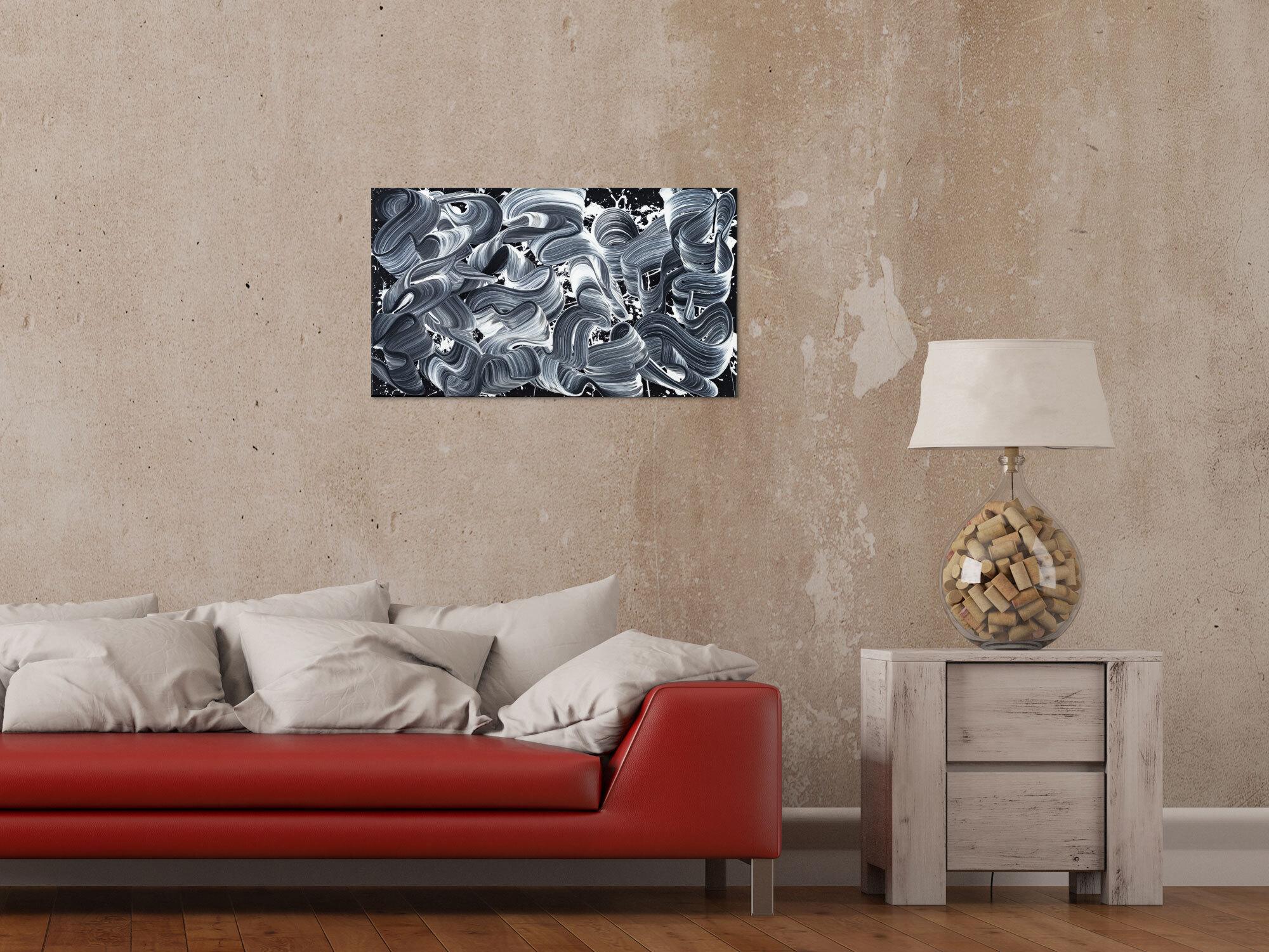 Gemälde Original abstrakt 40x70cm Minimalistisch Moderne Kunst auf Leinwand Action Painting schwarz weiss schwarz anthrazit einzigartig