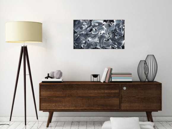 Gemälde Original abstrakt 40x70cm Minimalistisch Moderne Kunst auf Leinwand Action Painting schwarz weiss schwarz anthrazit einzigartig
