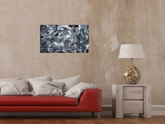 Gemälde Original abstrakt 40x70cm Minimalistisch Moderne Kunst auf Leinwand Action Painting schwarz weiss schwarz anthrazit einzigartig
