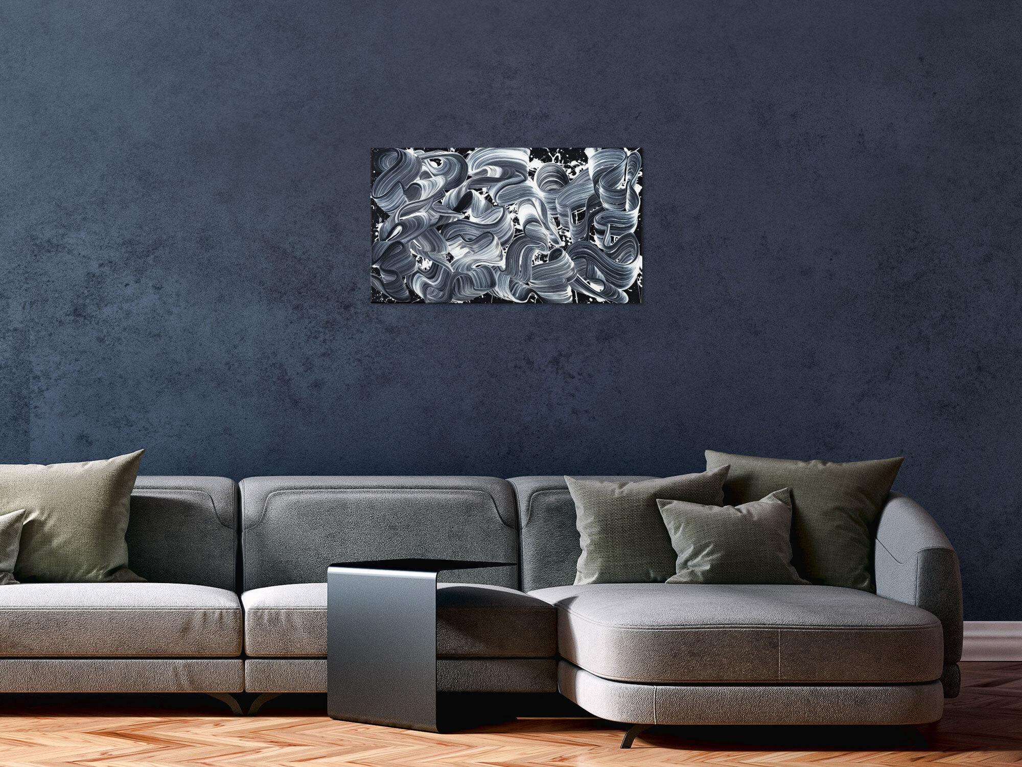 Gemälde Original abstrakt 40x70cm Minimalistisch Moderne Kunst auf Leinwand Action Painting schwarz weiss schwarz anthrazit einzigartig