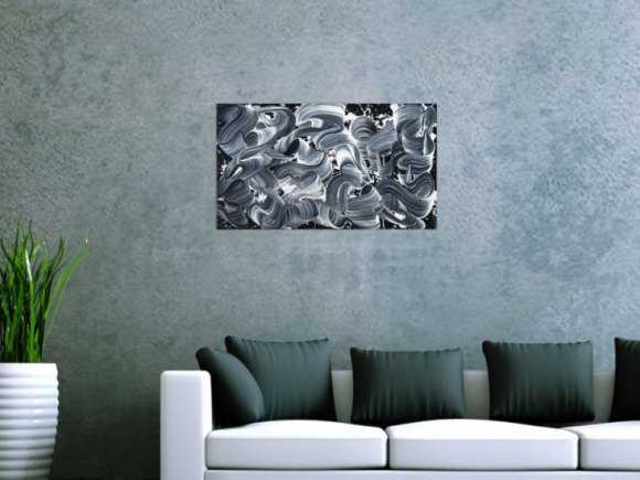 Gemälde Original abstrakt 40x70cm Minimalistisch Moderne Kunst auf Leinwand Action Painting schwarz weiss schwarz anthrazit einzigartig